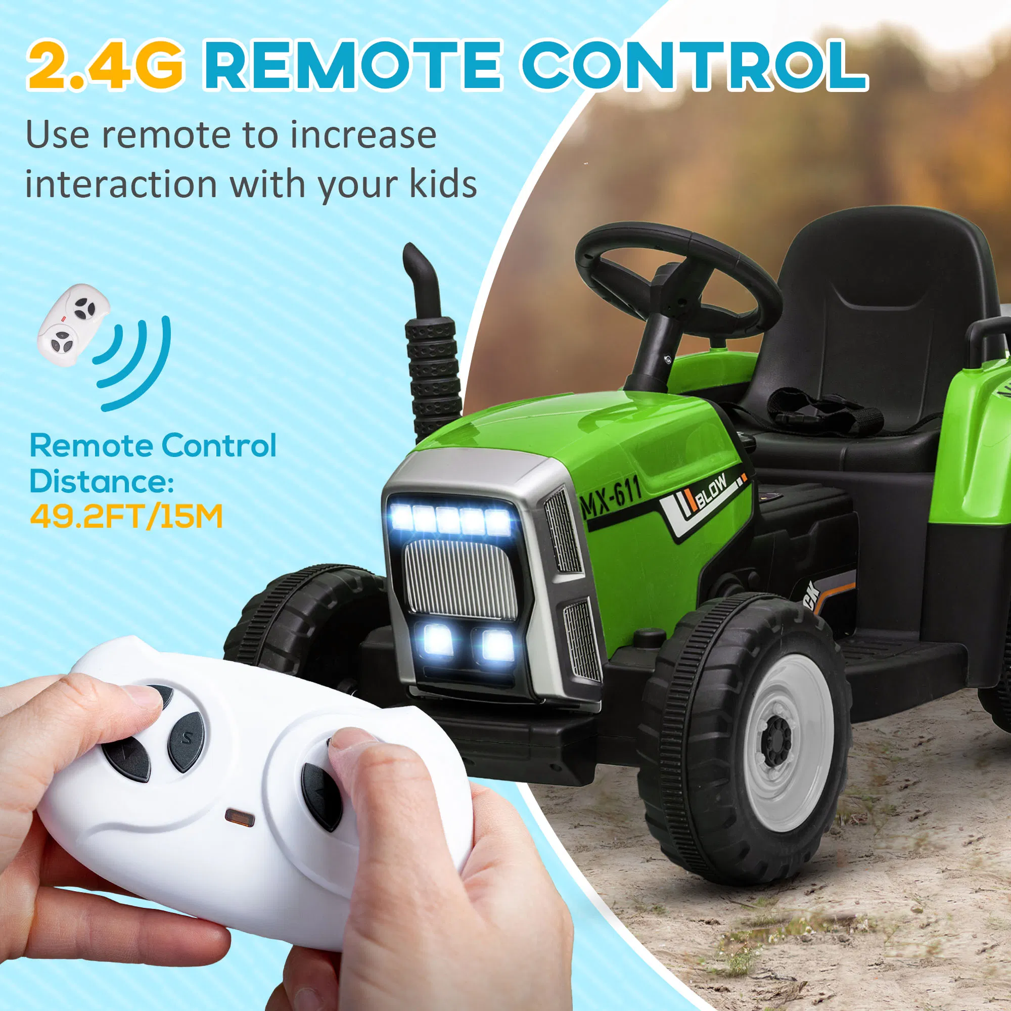 12V Kids Ride on Tractor with Trailer, Battery Powered Electric Tractor with Remote Control, Music Start up Sound and Horn, USB, LED Lights, Green photo 4