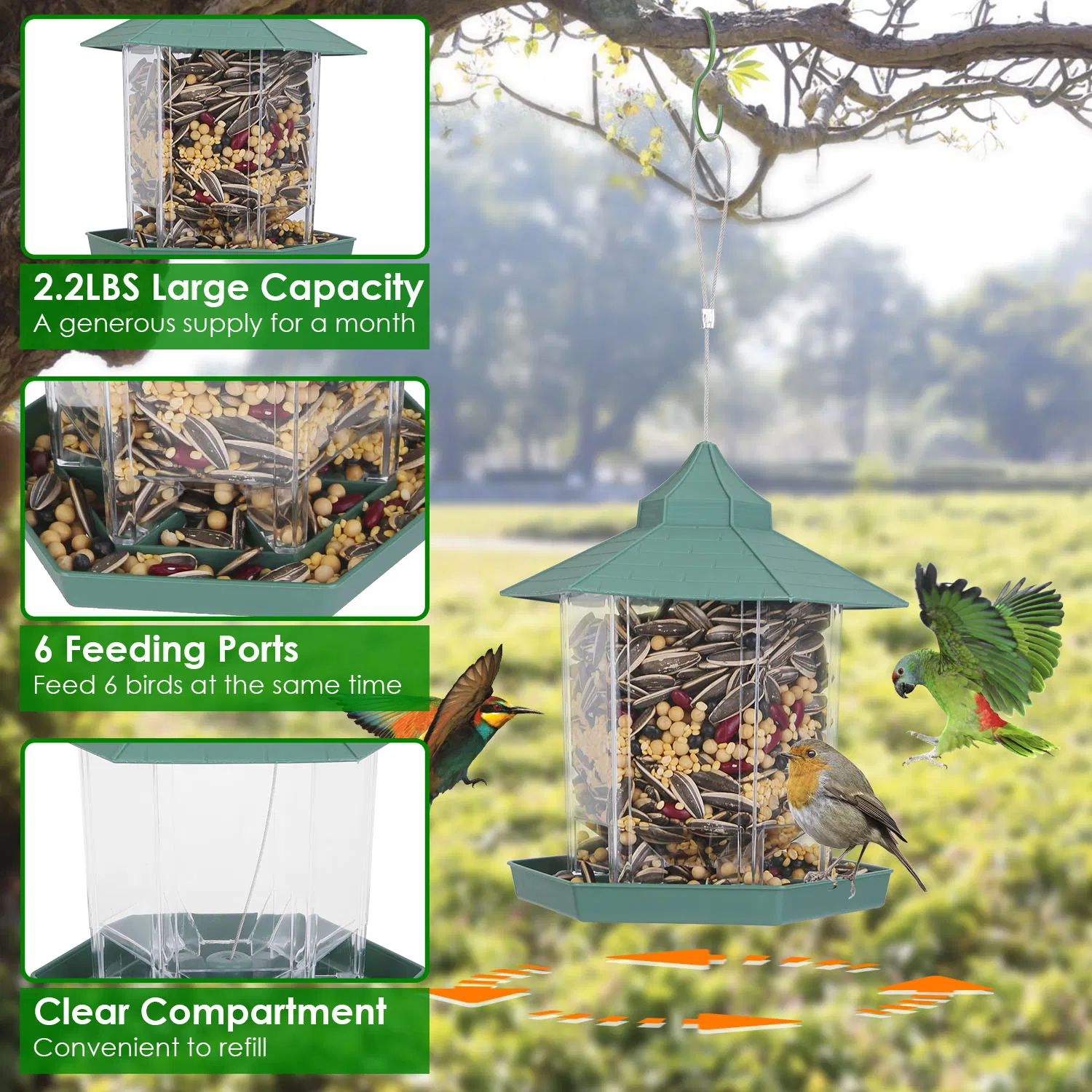 Hanging Gazebo Wild Bird Feeder Outdoor Bird Seed Station with Large Capacity 6 Feeder Ports for Garden Patio Park Weatherproof Easy To Refill photo 5