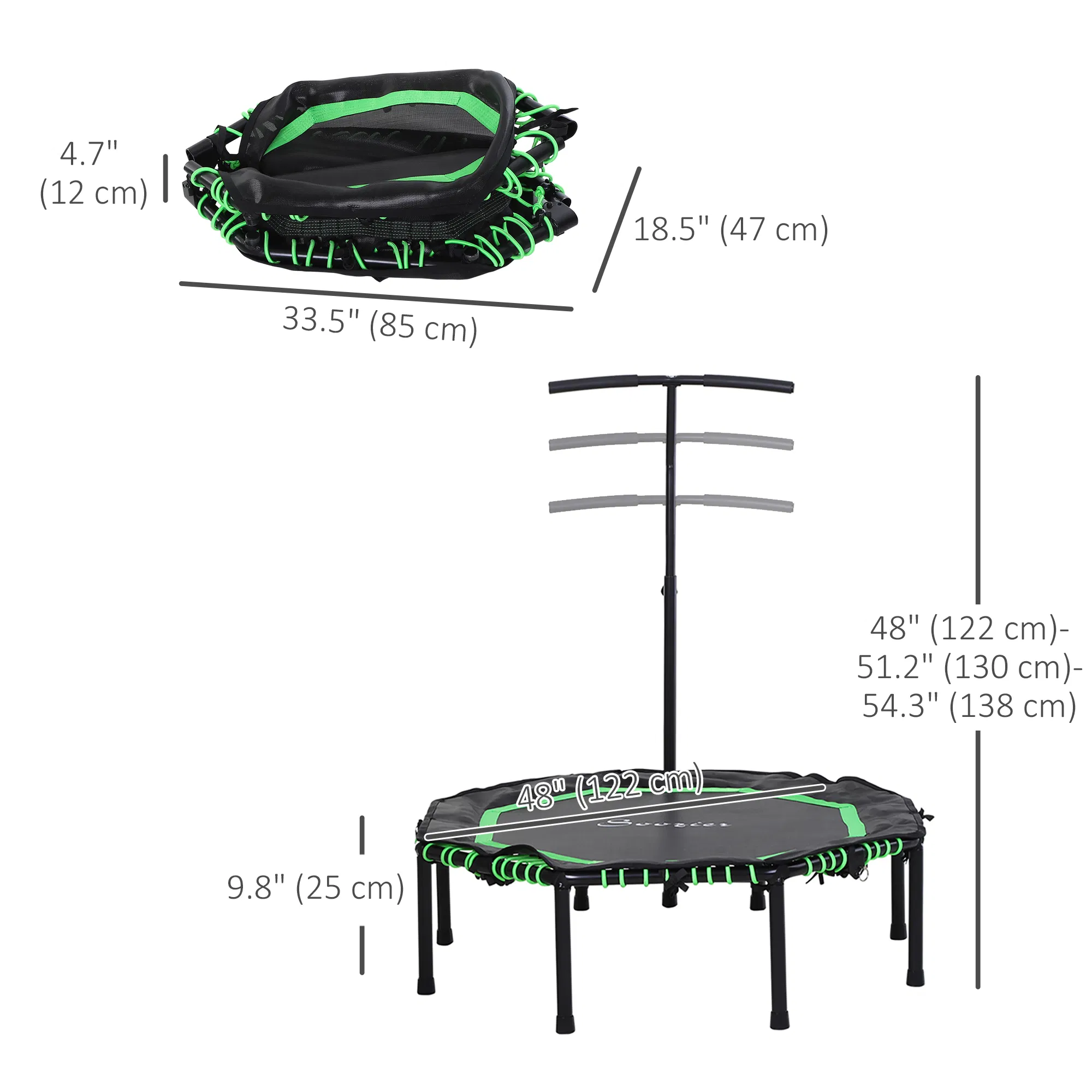 48" Mini Trampoline, Foldable Trampoline with Adjustable Handle Bar for Adults Exercise, Workout, Fitness, Green photo 3