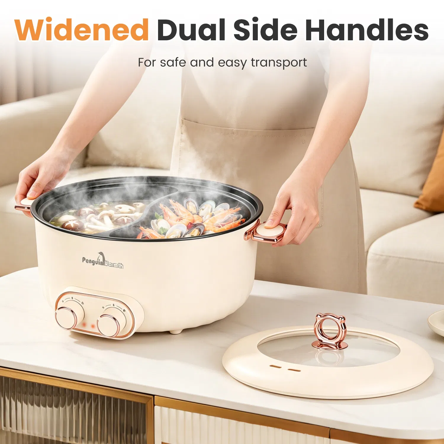 6L/1.59Gal Electric Hot Pot with Divider and Lid 2000W Stainless Steel with 2 Heat Settings Independent Control Overheat Protection Ladle & Slotted Spoon for Hot Pot Soup Noodles photo 7