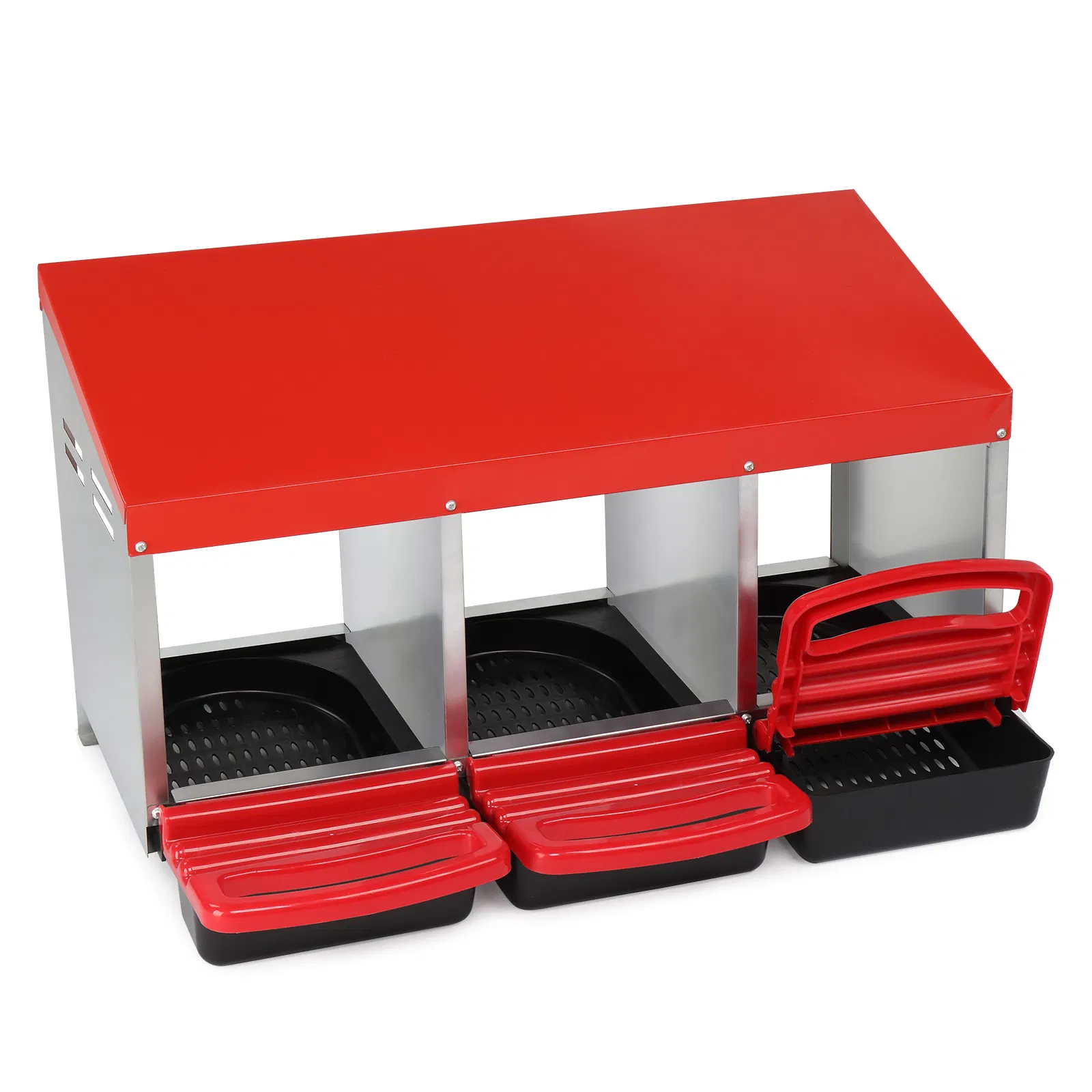 3 Compartment Roll Out Chicken Nesting Box with Plastic Basket, Egg Nest Box Chicken Laying Box Hens Chicken Coop Box, Red photo 5