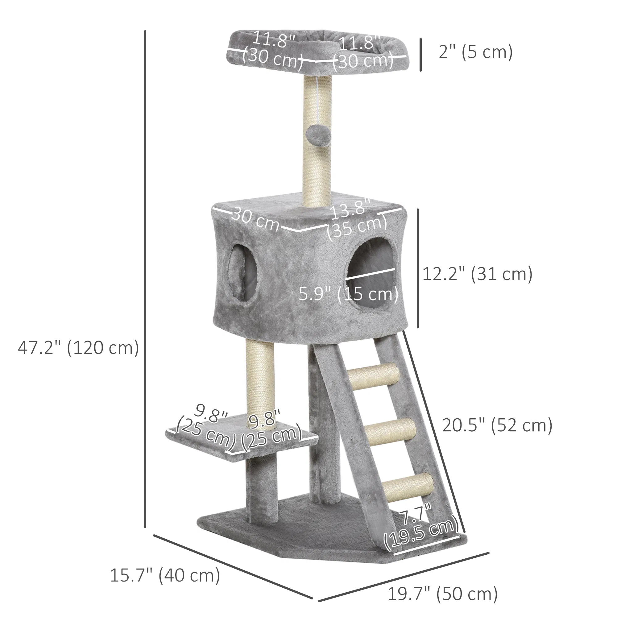 47" Tall Cat Tree Tower with Condo, Ladder, Scratching Posts and Hanging Ball, Light Grey photo 4