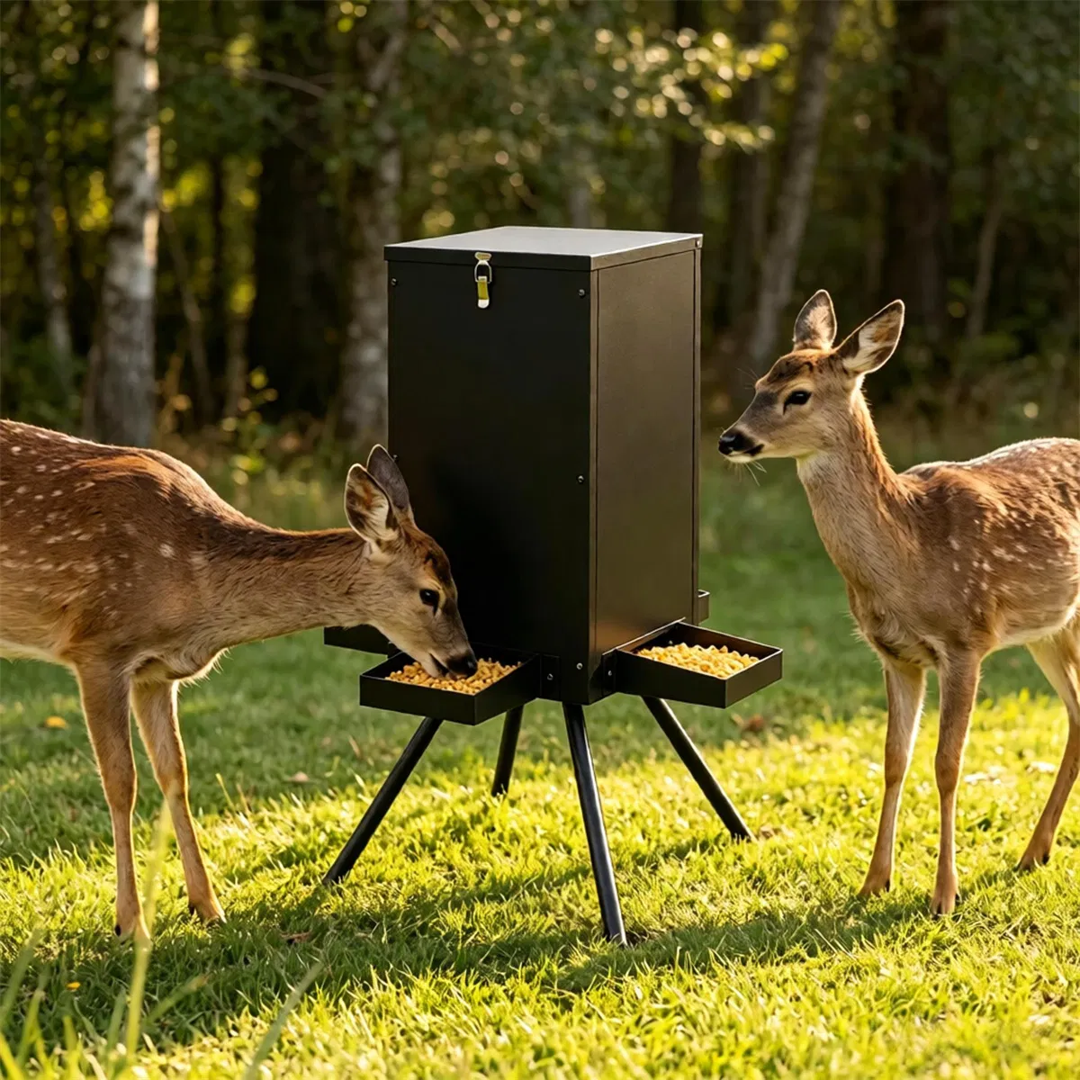 14 Gallon Gravity Deer Feeder 50-90 LBS Capacity Galvanized Coated Steel Wildlife Game Feeder with 4 Feeding Trays Lockable Lid Ground Pegs for Hunting Ranch Backyard Black photo 2