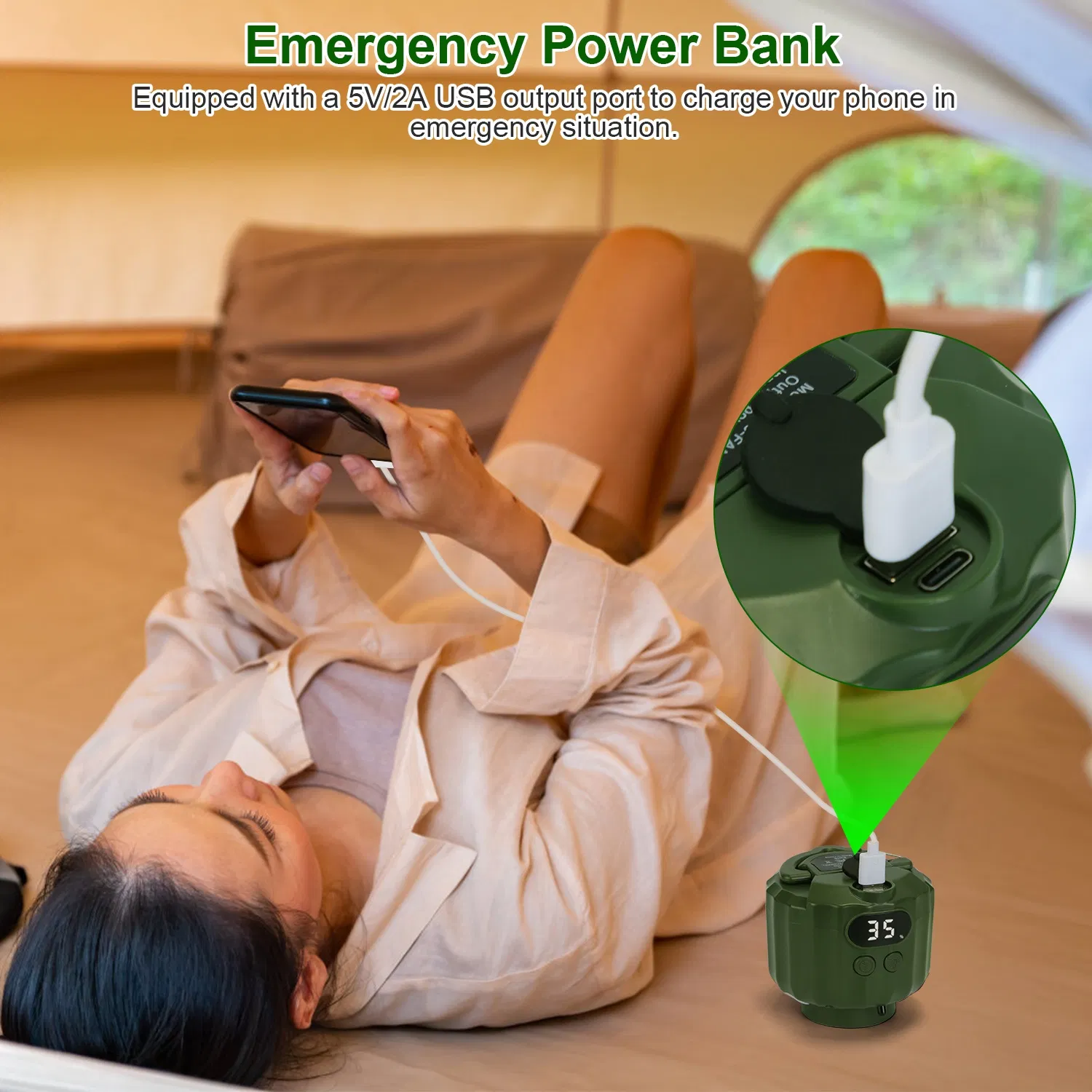 Rechargeable 3-in-1 Camping Fan, LED Lantern Hanging Fan with Large Capacity Battery, USB Power Bank, Low Noise & Timer Function for Outdoor Adventures photo 7