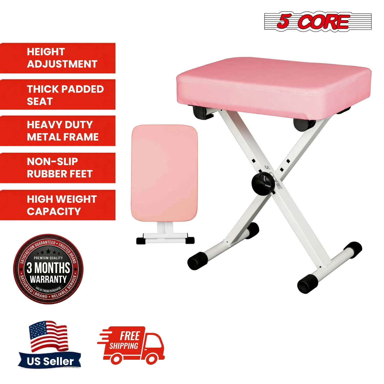 5 Core Keyboard Bench 3 Inch Padded Cushioned Piano Stool Height Adjustable Guitar Seat Heavy Duty Folding Portable Musician Chair W Nonslip Rubber Feet Black - KBB BLK HD photo 2