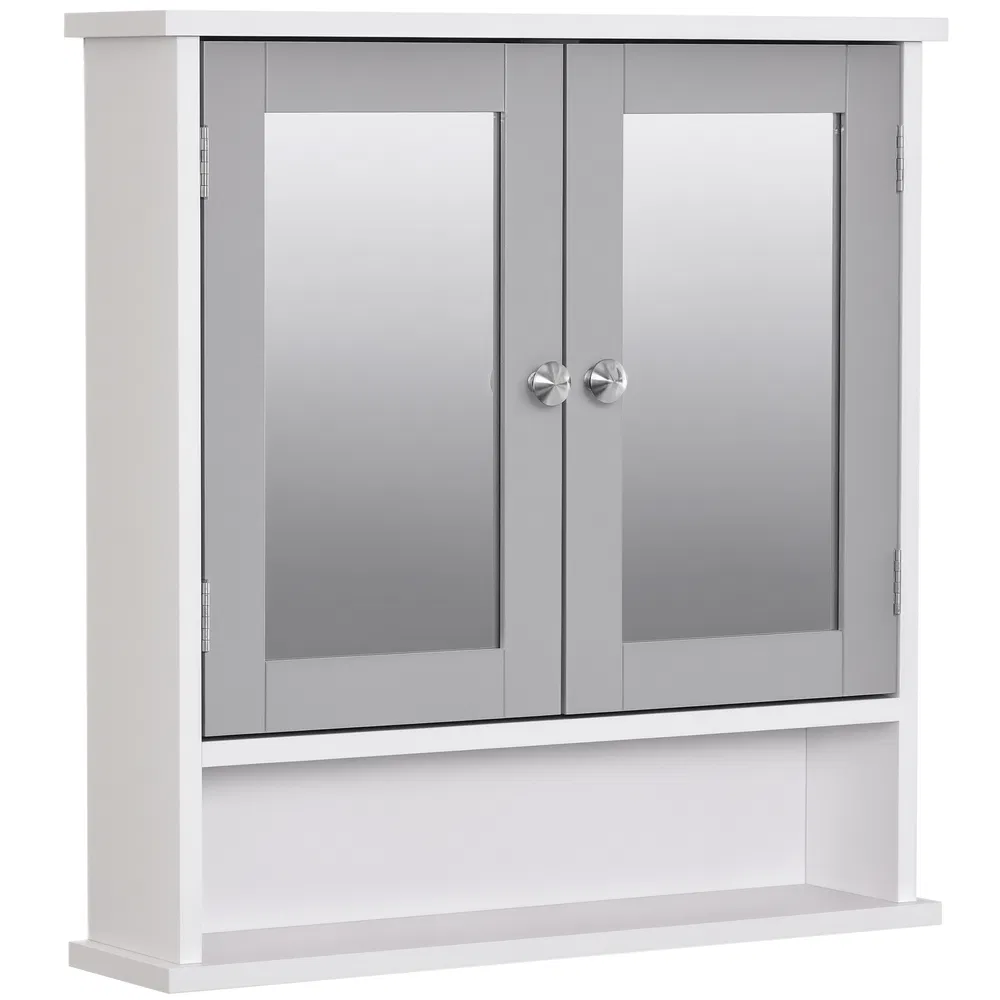 Medicine Cabinet, Wall-Mounted Bathroom Mirror Cabinet with Double Doors, Open Shelf, and Adjustable Shelf, Modern Bathroom Wall Cabinet, White and Grey photo 7