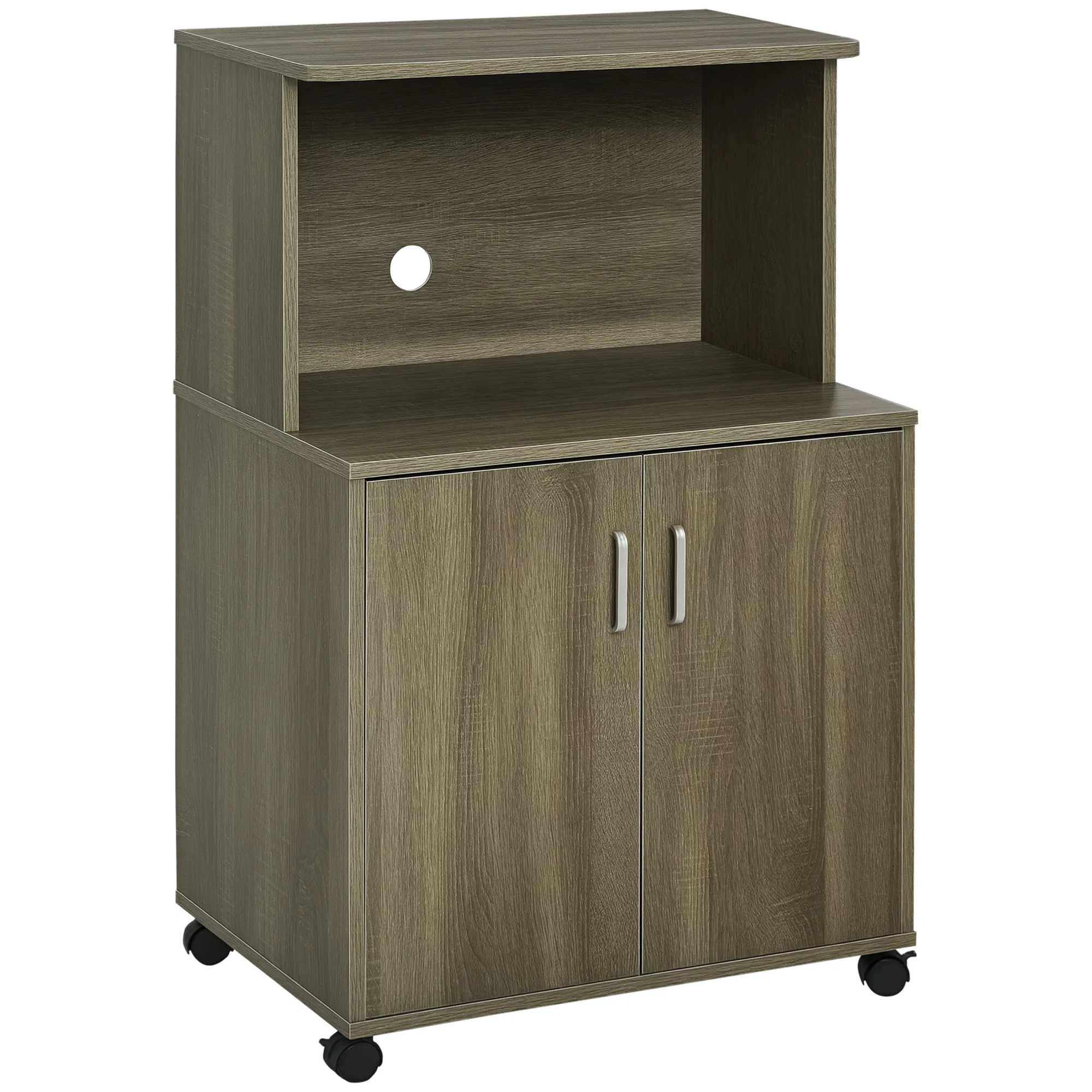 Microwave Cart on Wheels Utility Trolley Storage Sideboard Bookcase with 2-door Cabinet, Grey Wood Grain photo 1
