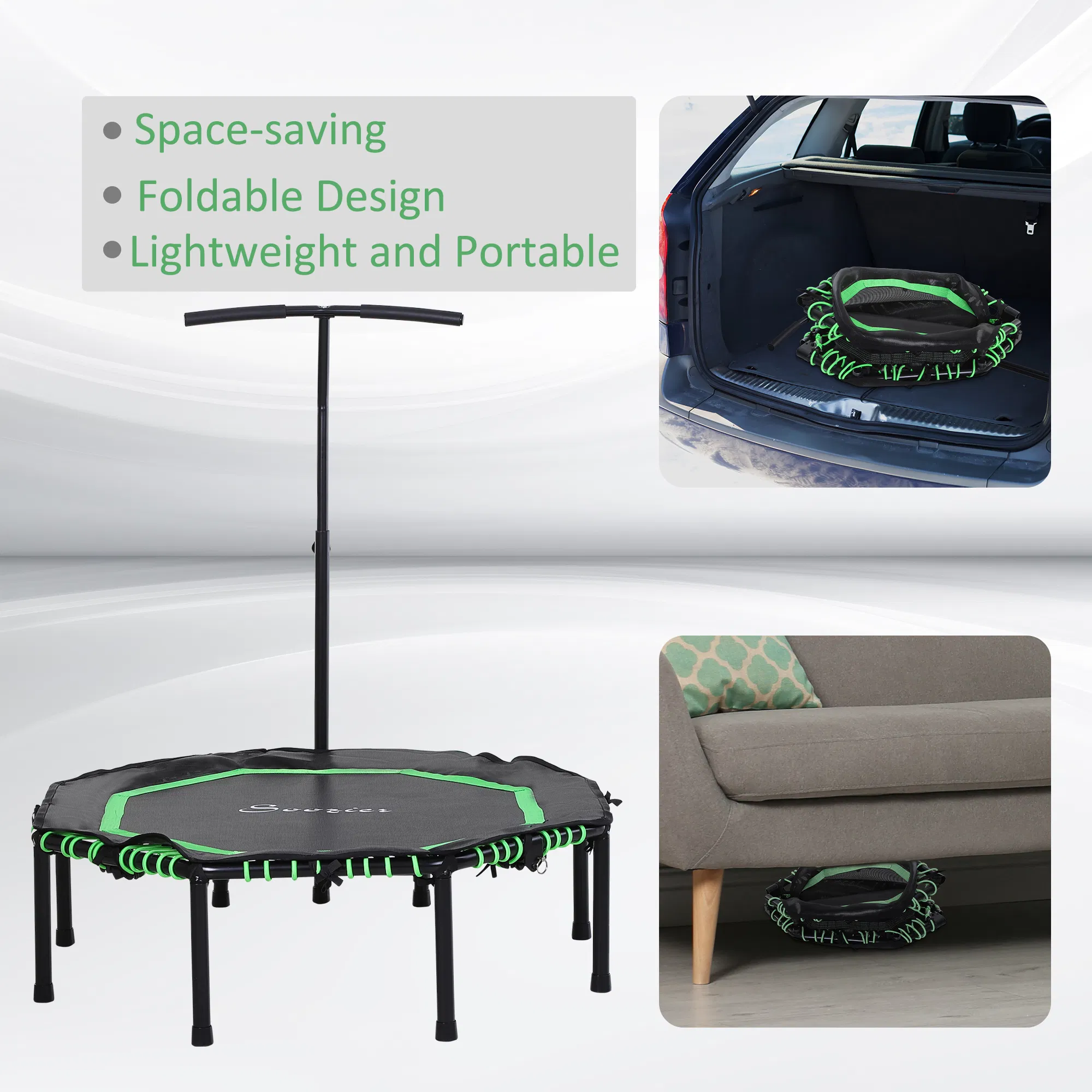 48" Mini Trampoline, Foldable Trampoline with Adjustable Handle Bar for Adults Exercise, Workout, Fitness, Green photo 4