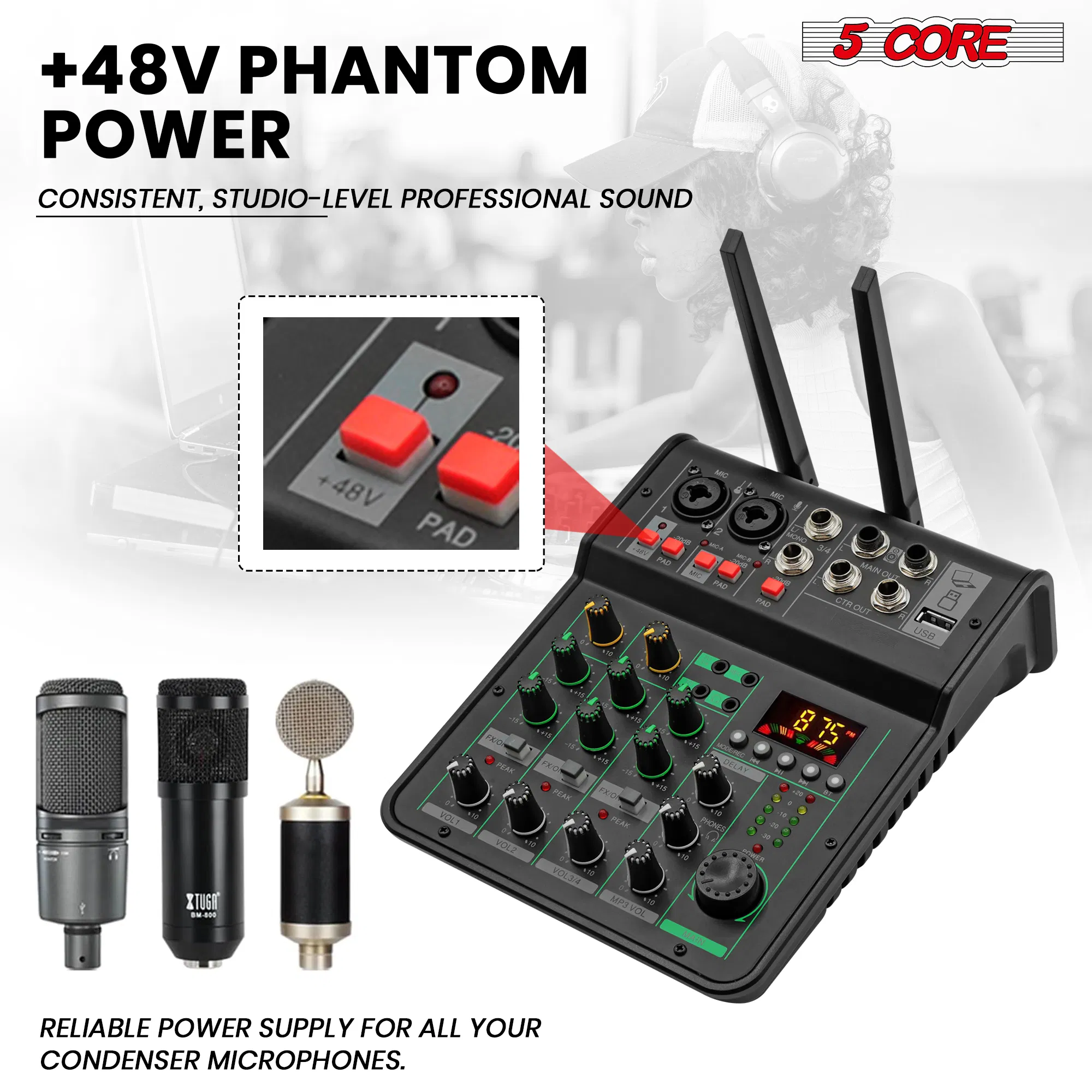 5 Core Audio Mixer Sound Board 4 Channel XLR Stereo Receiver w Bluetooth USB Microphone PA Karaoke Music Podcast Mixing Soundboard Mini Mezcladora Para DJ - MX 4CH 2MIC GLD photo 2