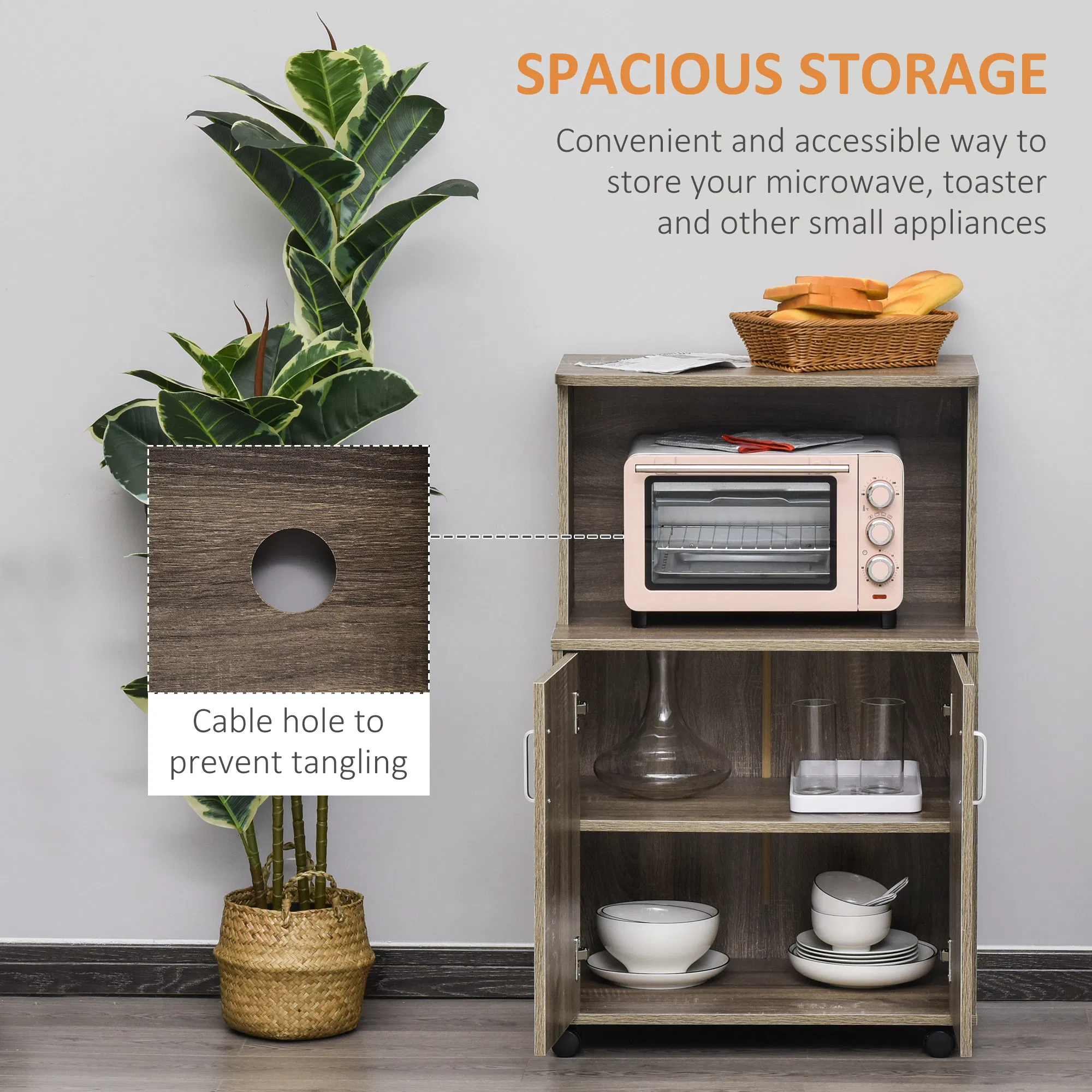 Microwave Cart on Wheels Utility Trolley Storage Sideboard Bookcase with 2-door Cabinet, Grey Wood Grain photo 5