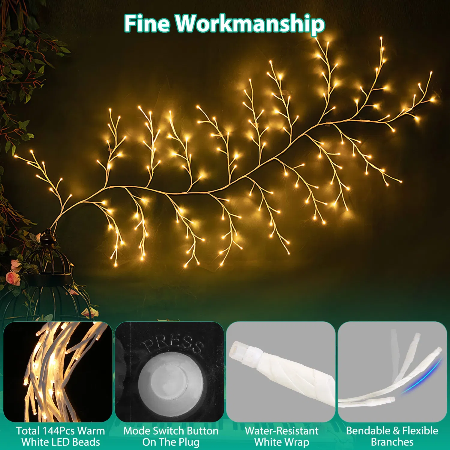 Lighted Birch Garland 7.87ft 144 LED, 8 Lighting Modes with Remote & 6H Timer, IP45 Waterproof Warm White Lights for Christmas Home Decor photo 4