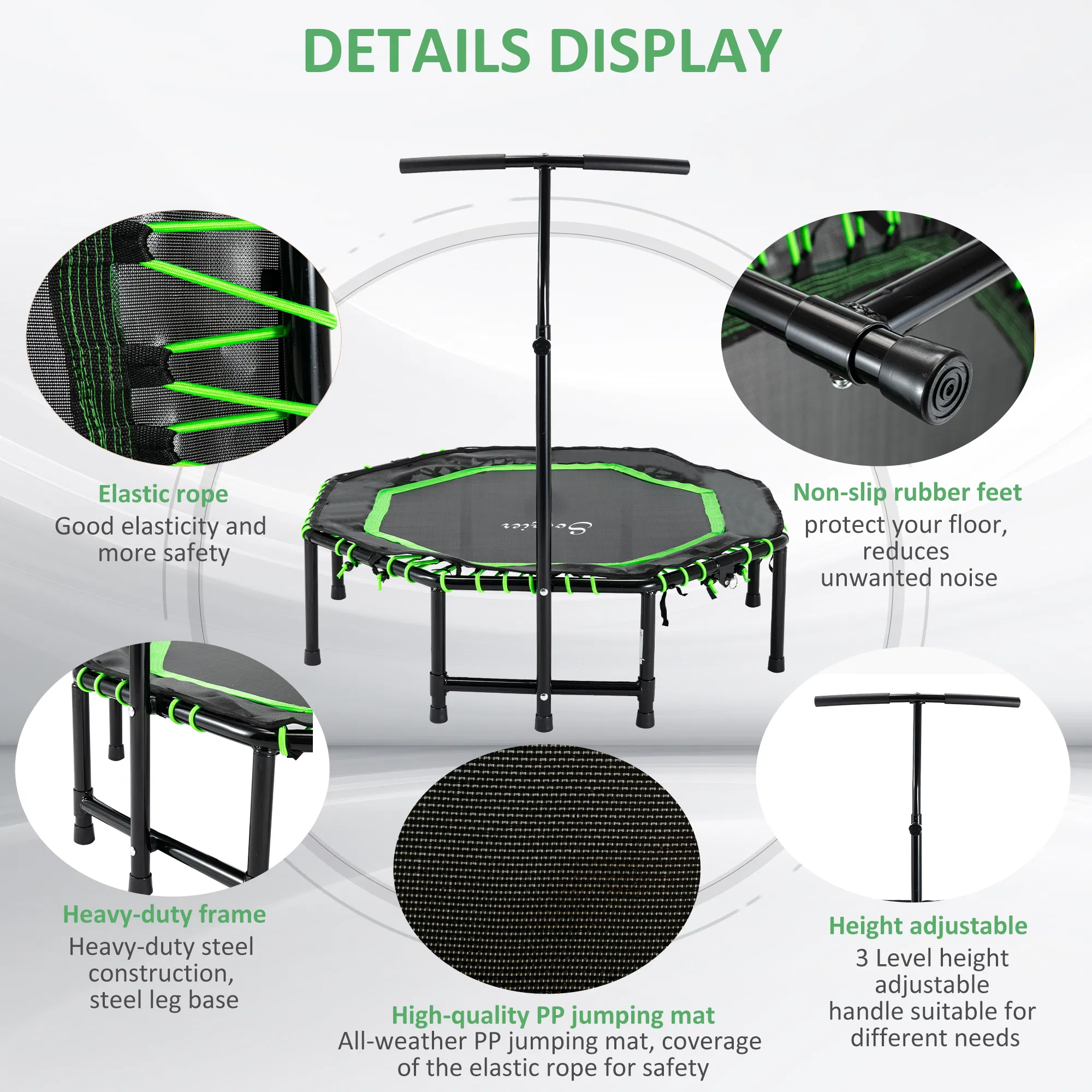 48" Mini Trampoline, Foldable Trampoline with Adjustable Handle Bar for Adults Exercise, Workout, Fitness, Green photo 6