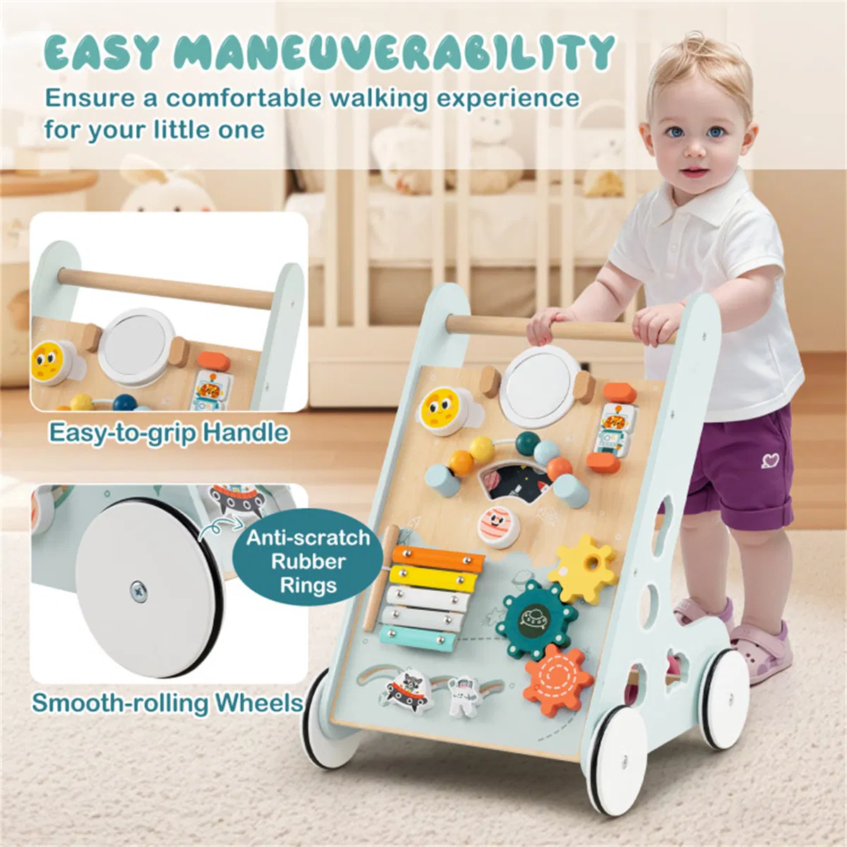 8-in-1 Wooden Baby Walker Push and Pull Learning Activity Center with Wheels for Toddlers 1+ Years Old photo 6