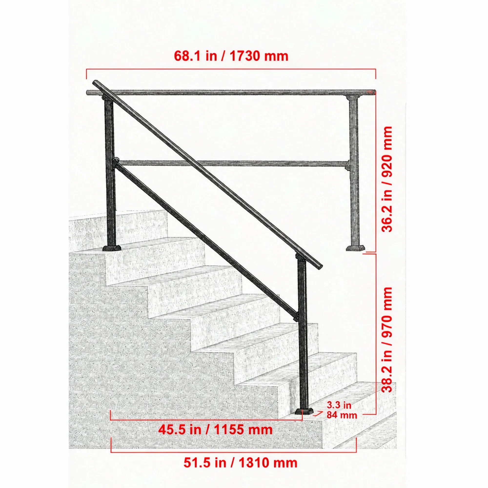 5-Step Stair Handrail Kit, Transitional Black Square Tube Design with Installation Hardware, for Outdoor Steps, Porch & Deck photo 2
