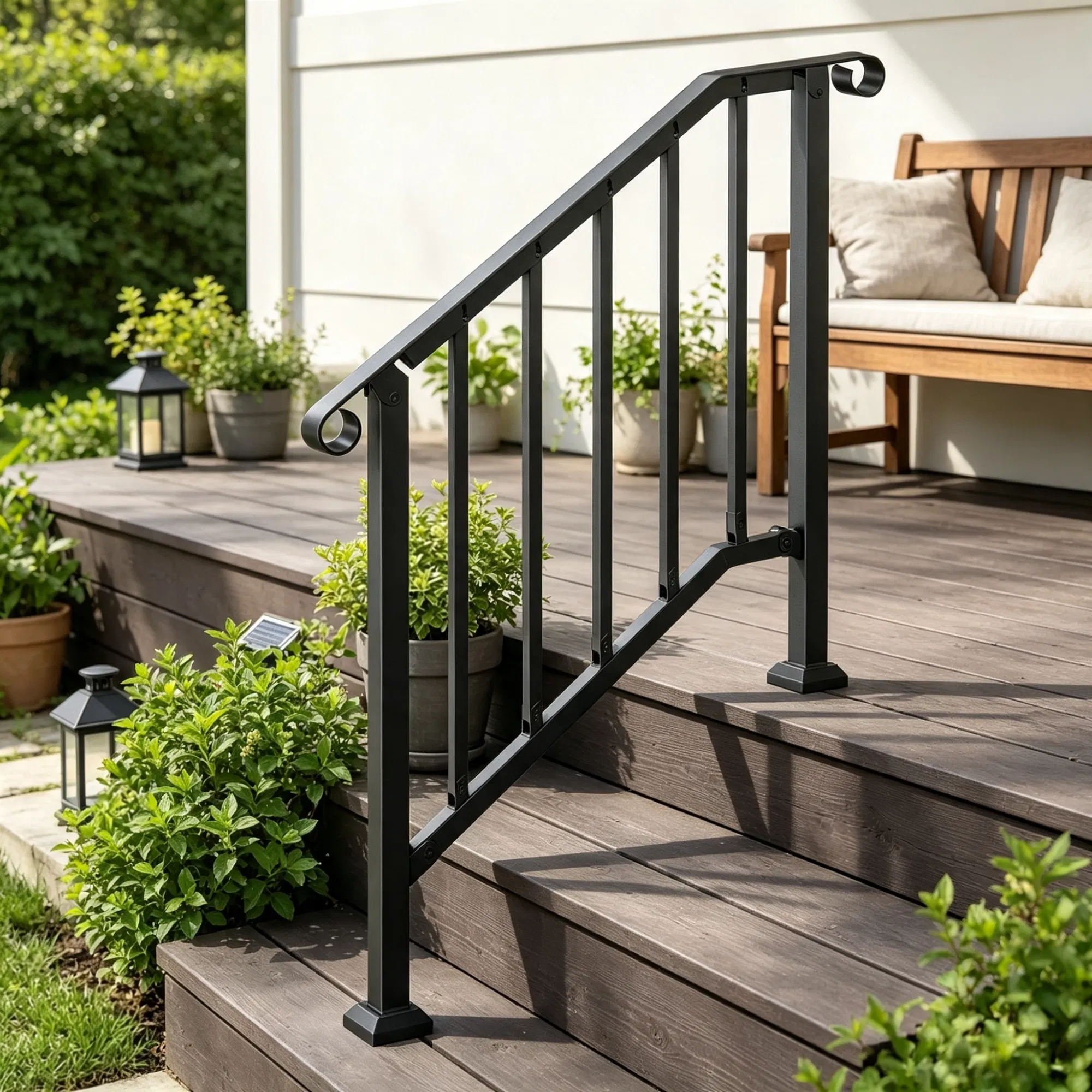 2-3 Step Outdoor Stair Handrail Kit, Black Retro Arch Carbon Steel Railing with Installation Kit photo 6