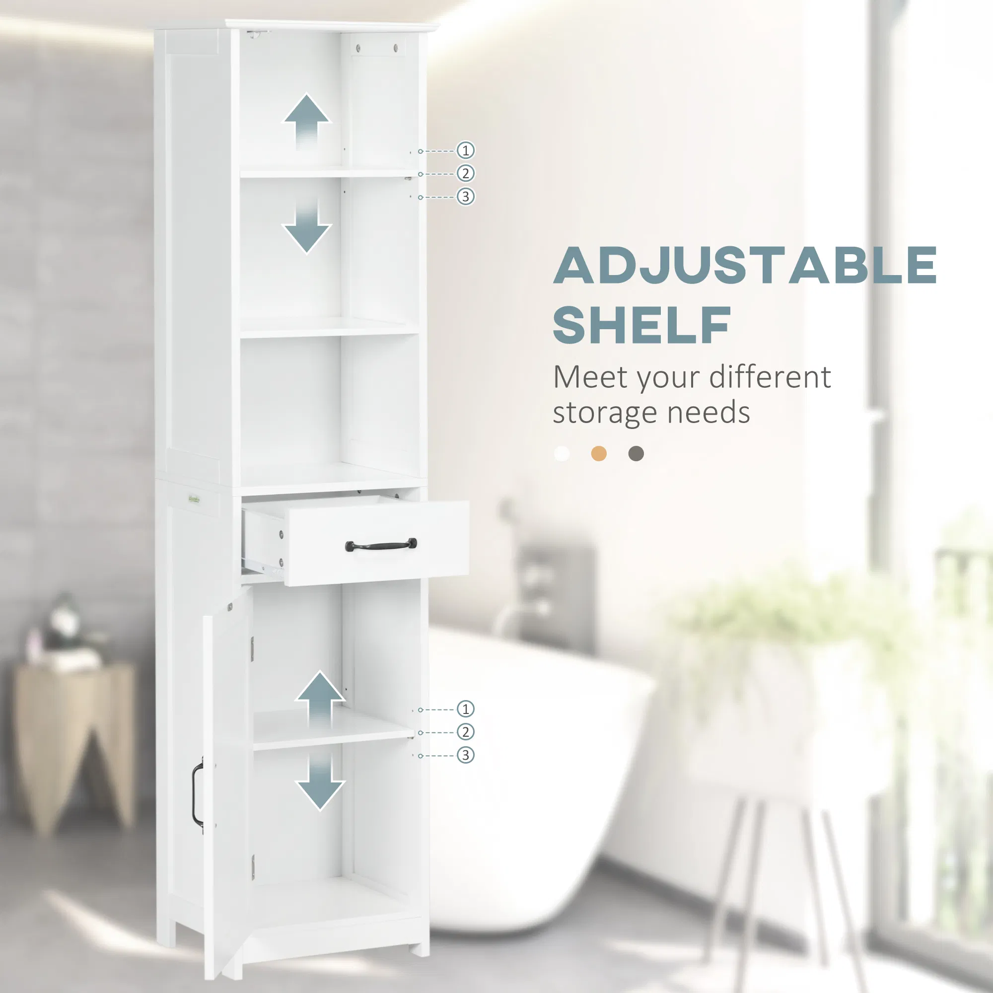 Modern Bathroom Cabinet, Narrow Bathroom Vanities with 3 Open Shelves, Drawer and Adjustable Shelf, White photo 2