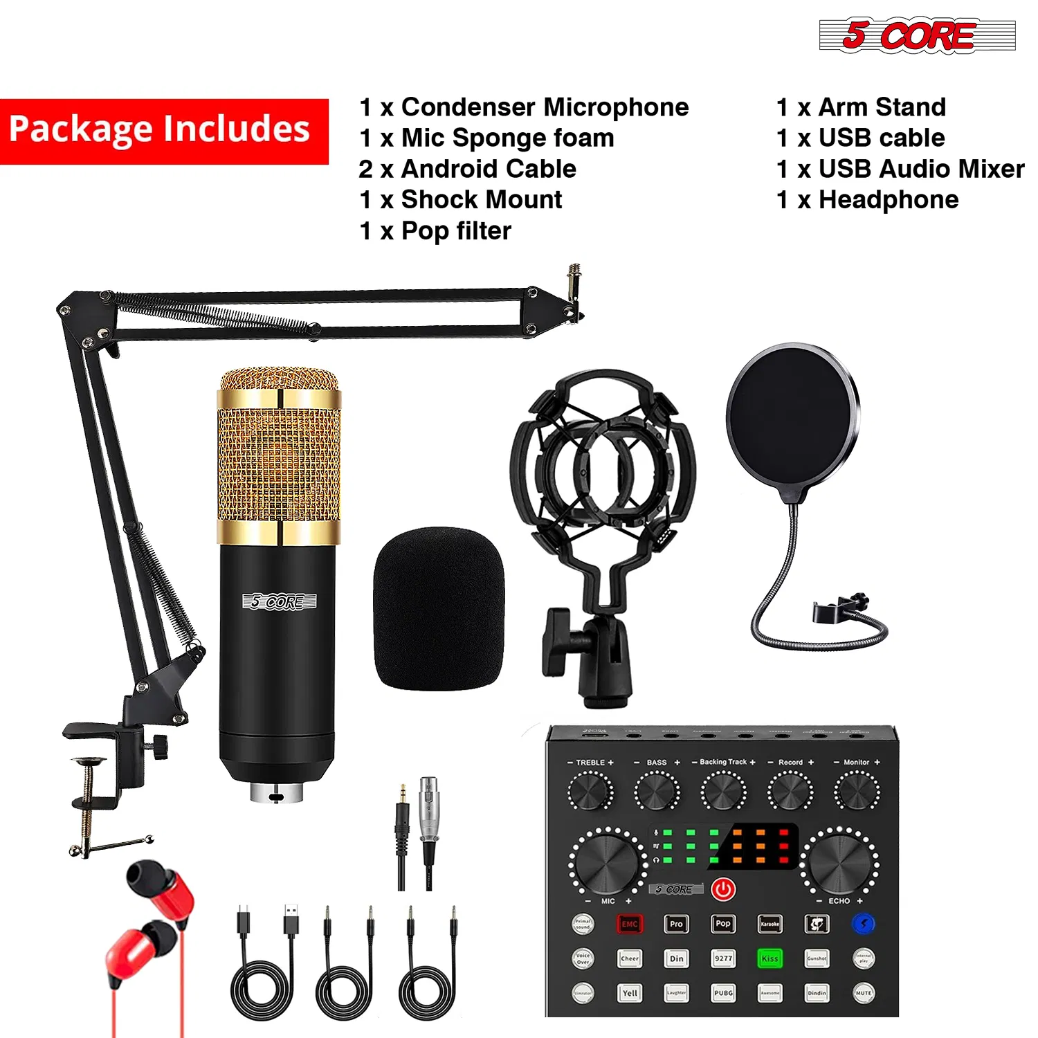 5 CORE Condenser Microphone Bundle, Podcast Equipment Bundle w/Mixer, Mic Arm Stand, Shock Mount, Pop Filter & Headphone for Vocal Studio Recording Broadcasting YouTube Live Streaming - RM 8 BG photo 5