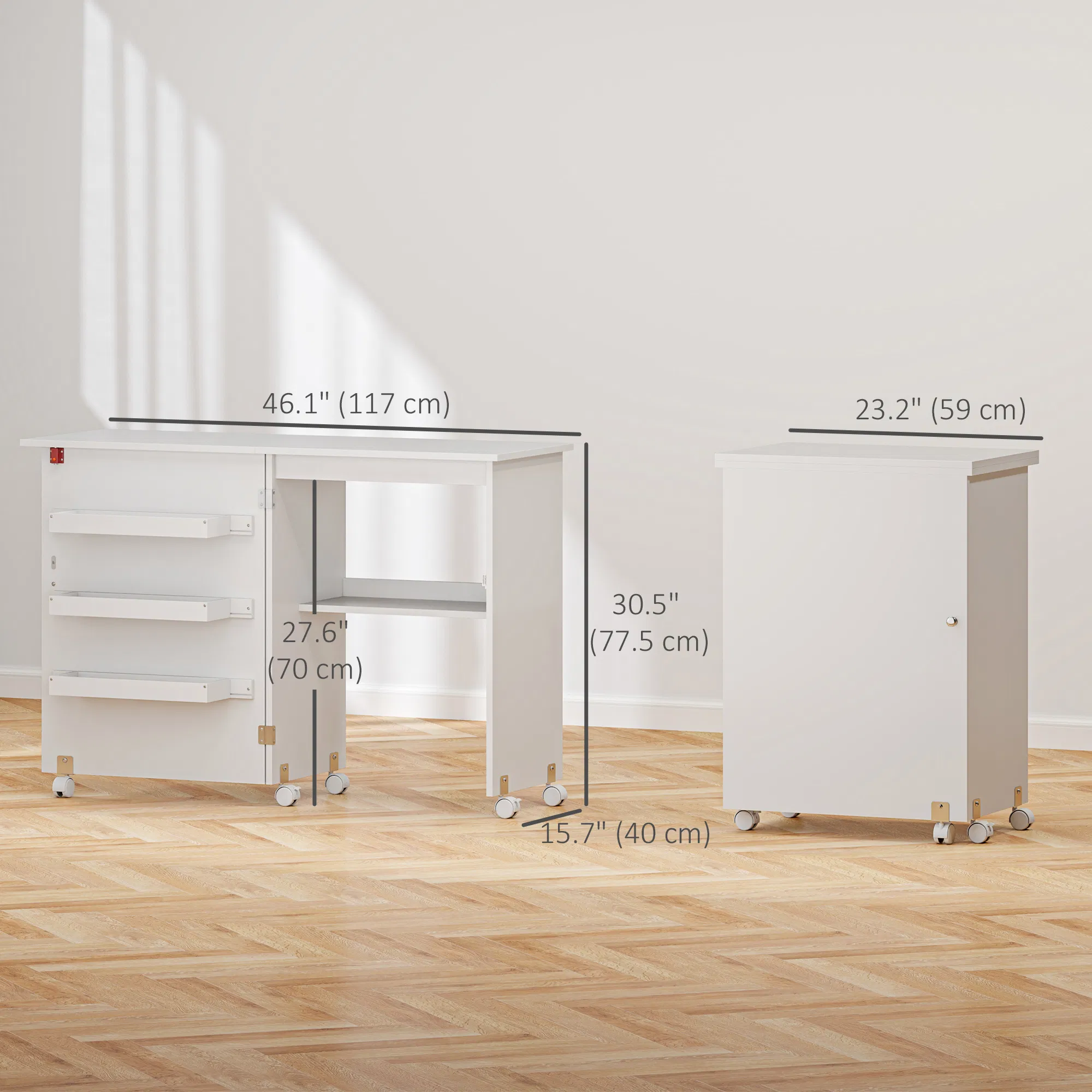 Sewing Machine Cabinet, Folding Sewing Table with Storage Shelf, Bins and Lockable Wheels for Small Space, White photo 4