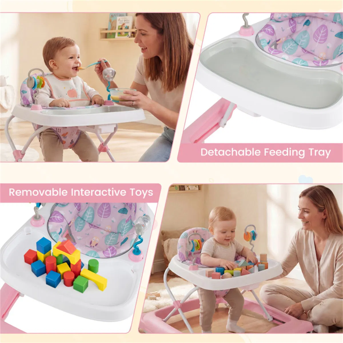 Pink Foldable Baby Walker with Detachable Tray & Shape Sorter Toys, 3-Level Height Adjustable for 6-12 Months photo 6