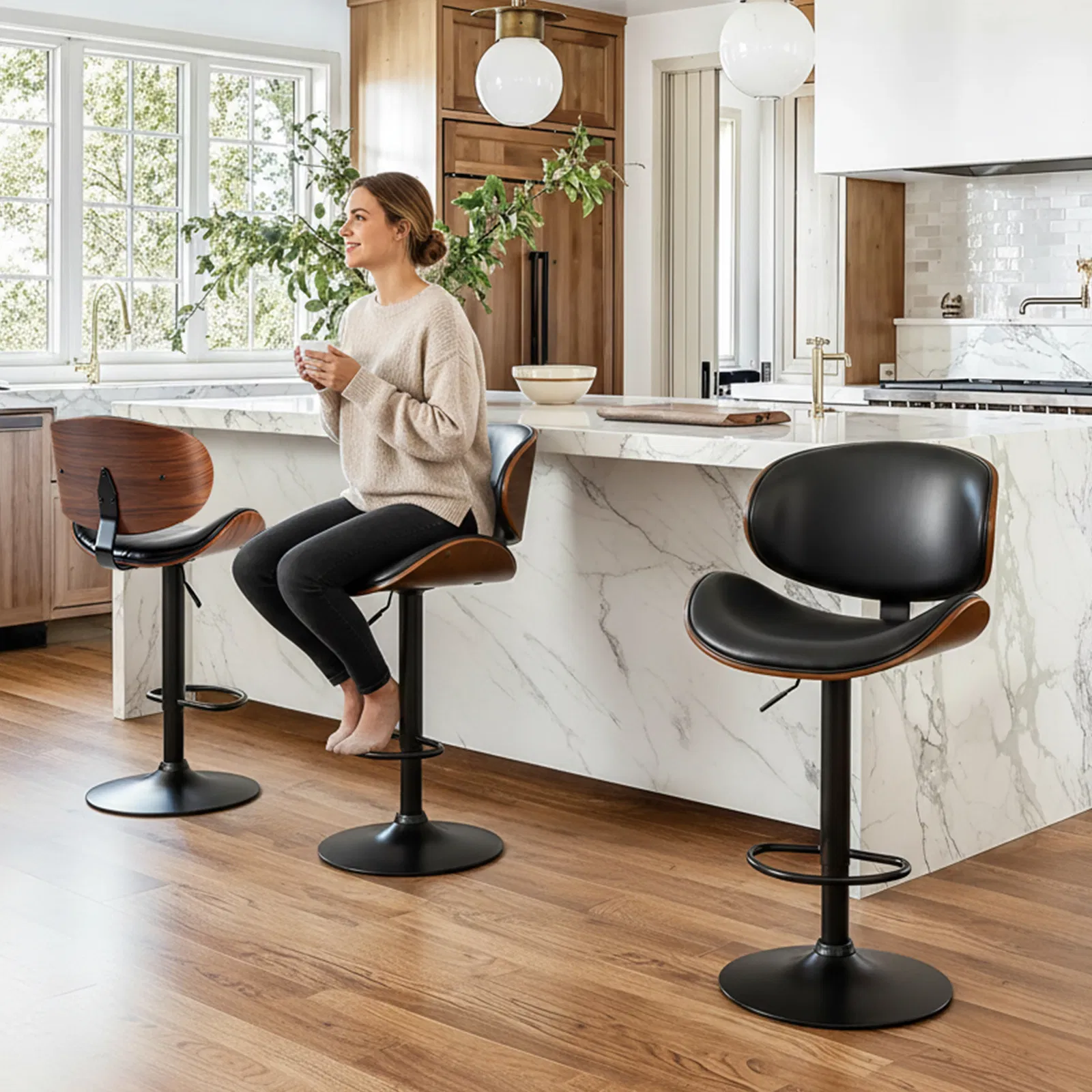 A set of 2 rotating bar stools with adjustable height, PU leather decorative chairs, backrests and footstools, and anti-slip rubber bases photo 3
