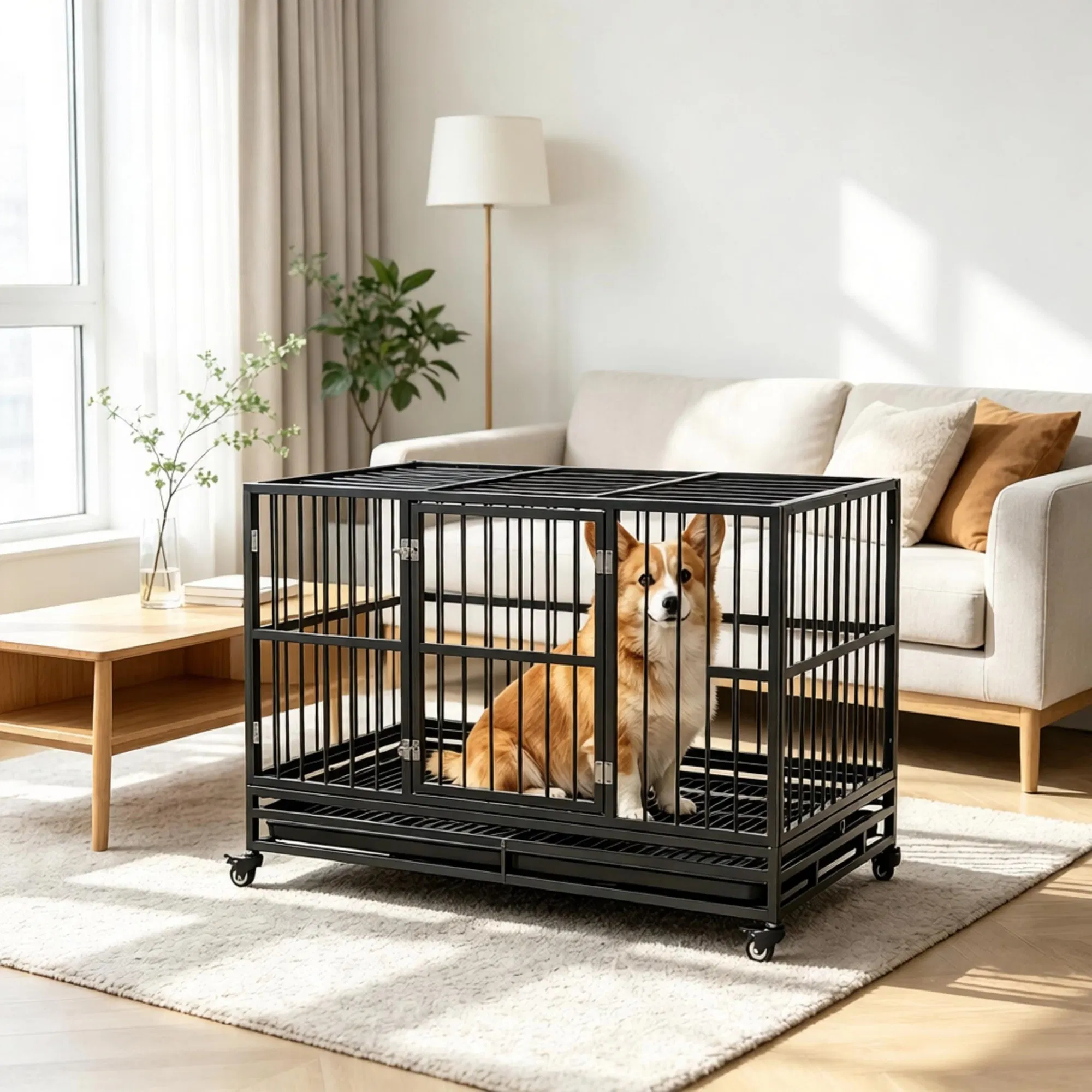 48" Heavy Duty Metal Dog Crate Kennel with Lockable Wheels Double Door Removable Tray Gray photo 7