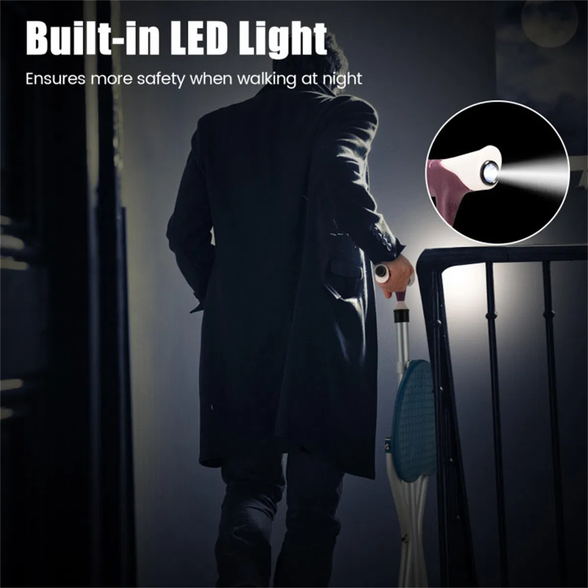 Folding Seat Cane (220lbs): 5-Level Height Adjust, LED Light, Anti-Slip Pads, Aluminum Alloy, Bonus Cushion/3 Foot Pads for Elder-Silver photo 6