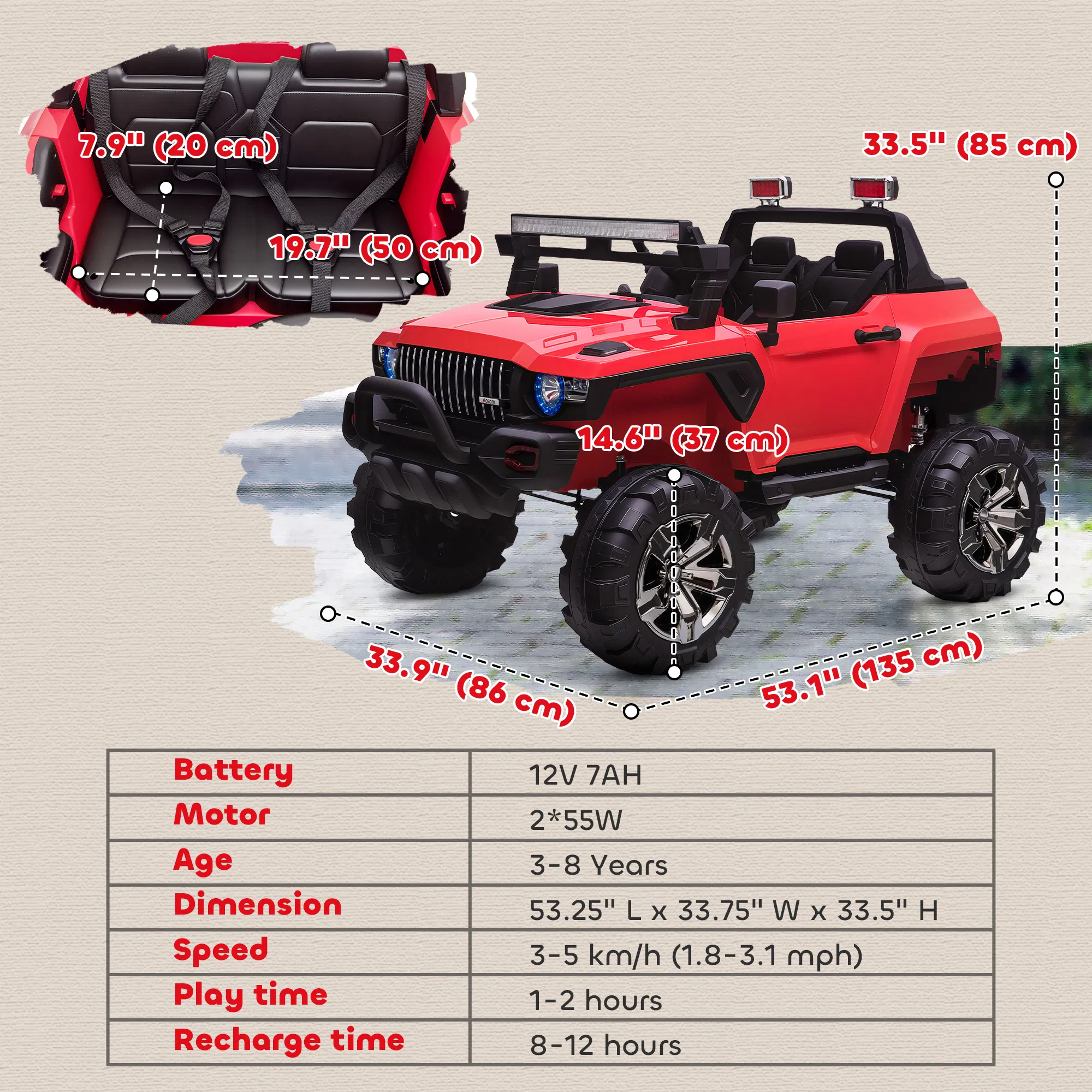 2-Seater Kids Ride On Police Car, 12V 7AH Ride on Truck, Electric Car for Toddlers with Remote Control, LED Lights, Big Wheels, 4 Shock Absorbers, MP3, Storage, Red photo 6