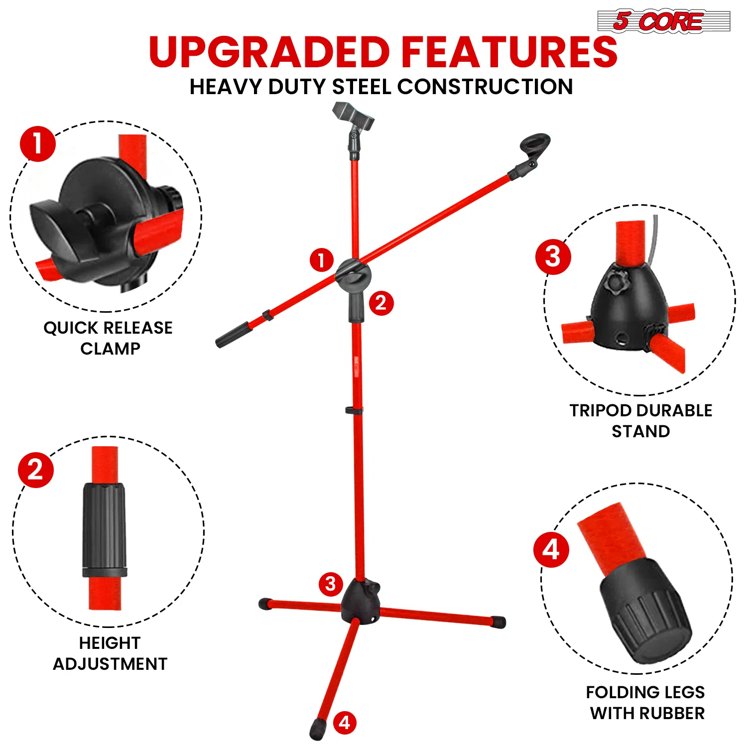 5 Core 2Pcs Mic Stand Floor Height Adjustable Tripod Microphone Stands w Extending Telescoping Boom Arm photo 4