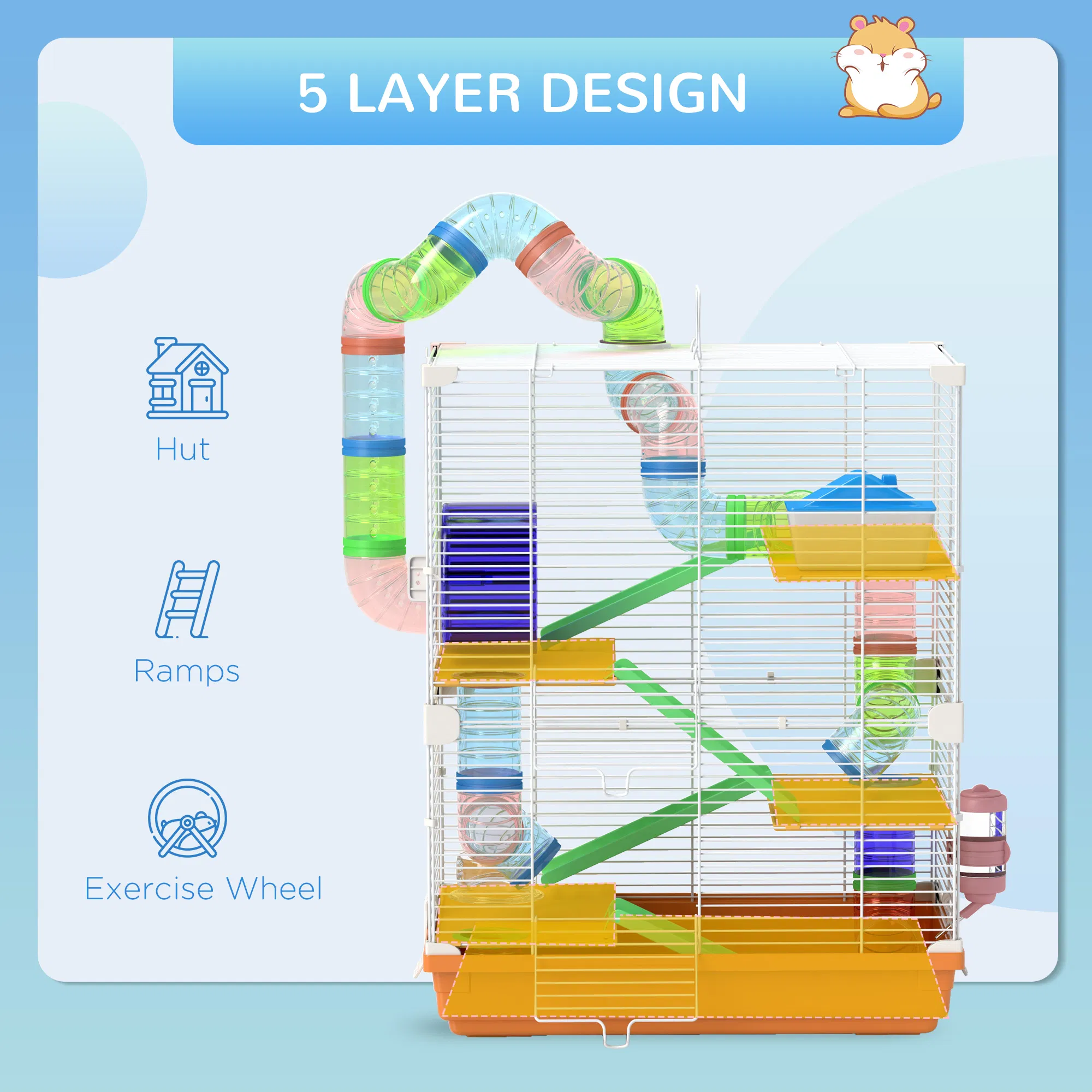 5 Tiers Hamster Cage Portable with Exercise Wheels Play Tube Water Bottle Dishes House Ladder for Gerbils, Orange photo 3