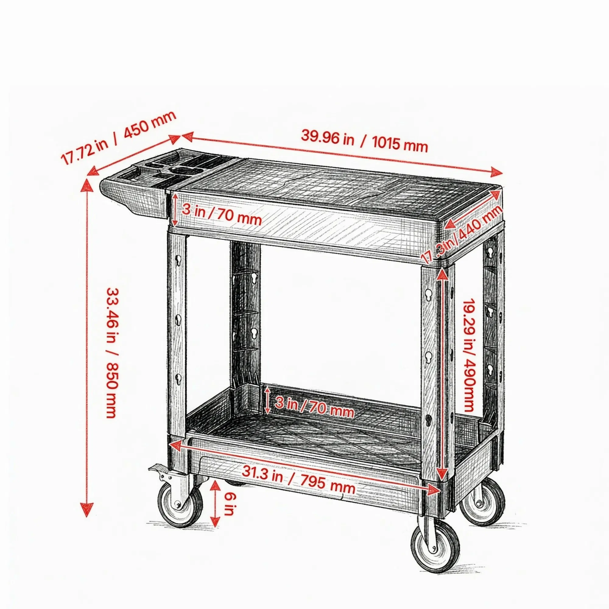 550 lbs Utility Cart, 31.3 x 17.7 Inch 2-Shelf Heavy Duty Plastic Service Cart with 360 Swivel Wheels (2 with Brakes), Suitable for Warehouse, Garage & Cleaning photo 2