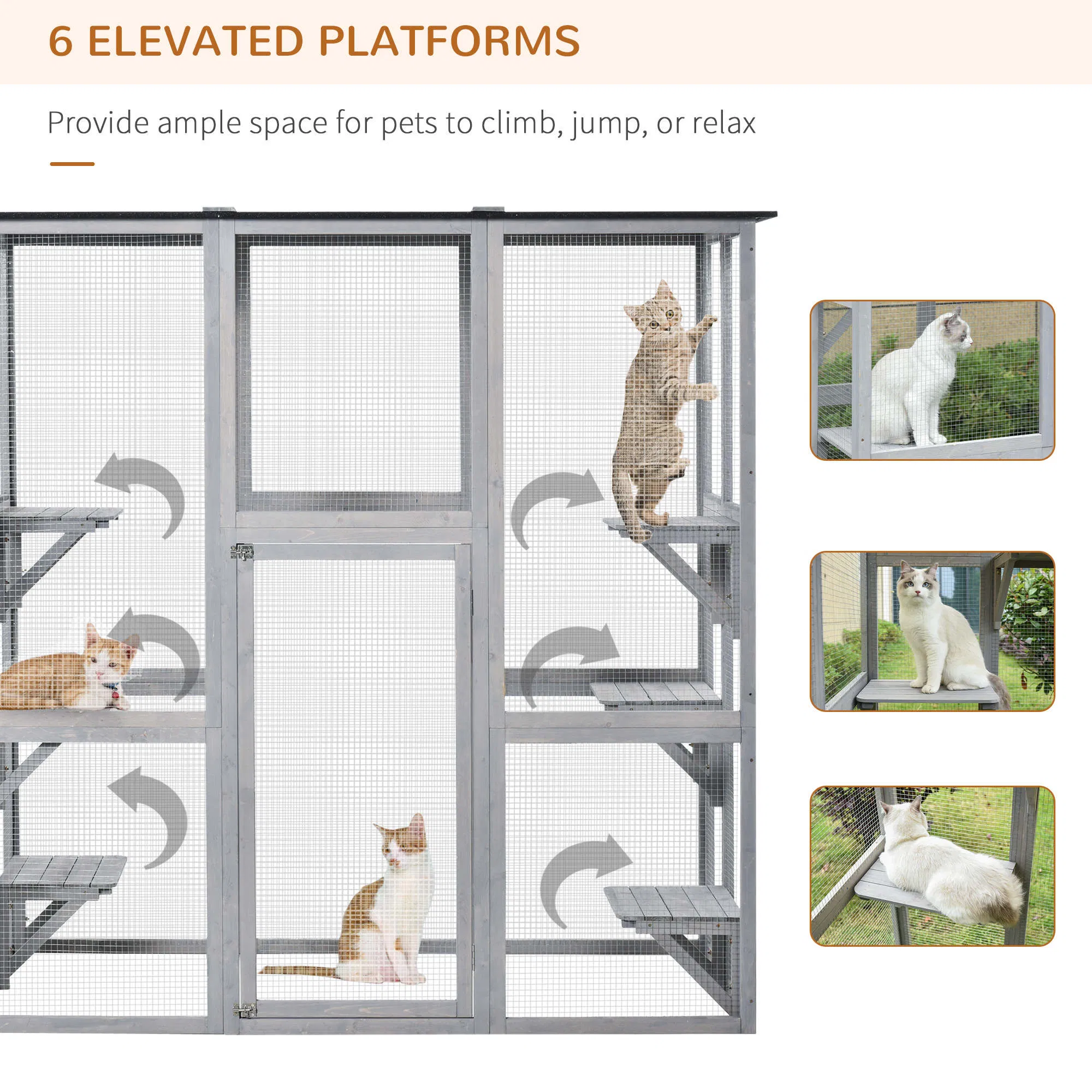 Large Outdoor Catio Enclosure, Weatherproof Cat House with Asphalt Roof, Wooden Cat Patio Cage with 6 Balanced Platforms, 71" x 39" x 71", Grey photo 4