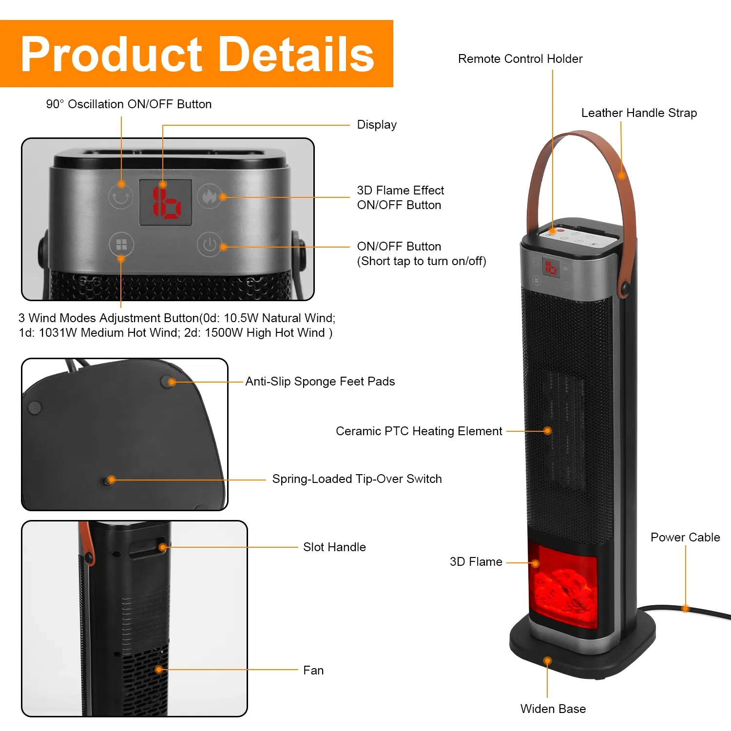 Portable 1500W Space Heater with Fireplace,90° Oscillating PTC Ceramic, Adjustable Thermostat Tower Heater,Overheating and Tip-Over Protection Fast Heating,Remote for Indoor photo 7
