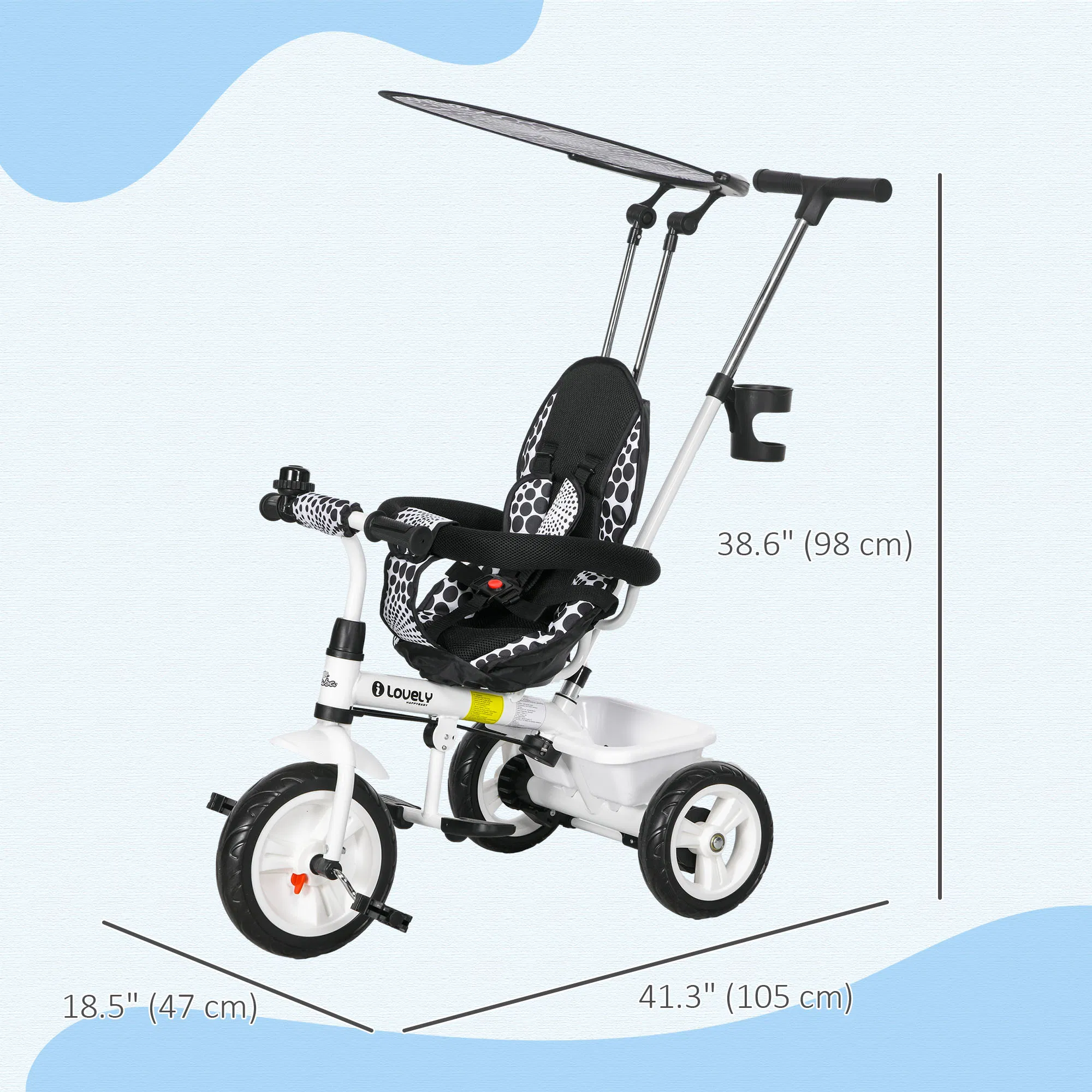 6 in 1 Kids Tricycle with Removable Handlebar and Canopy, White photo 4