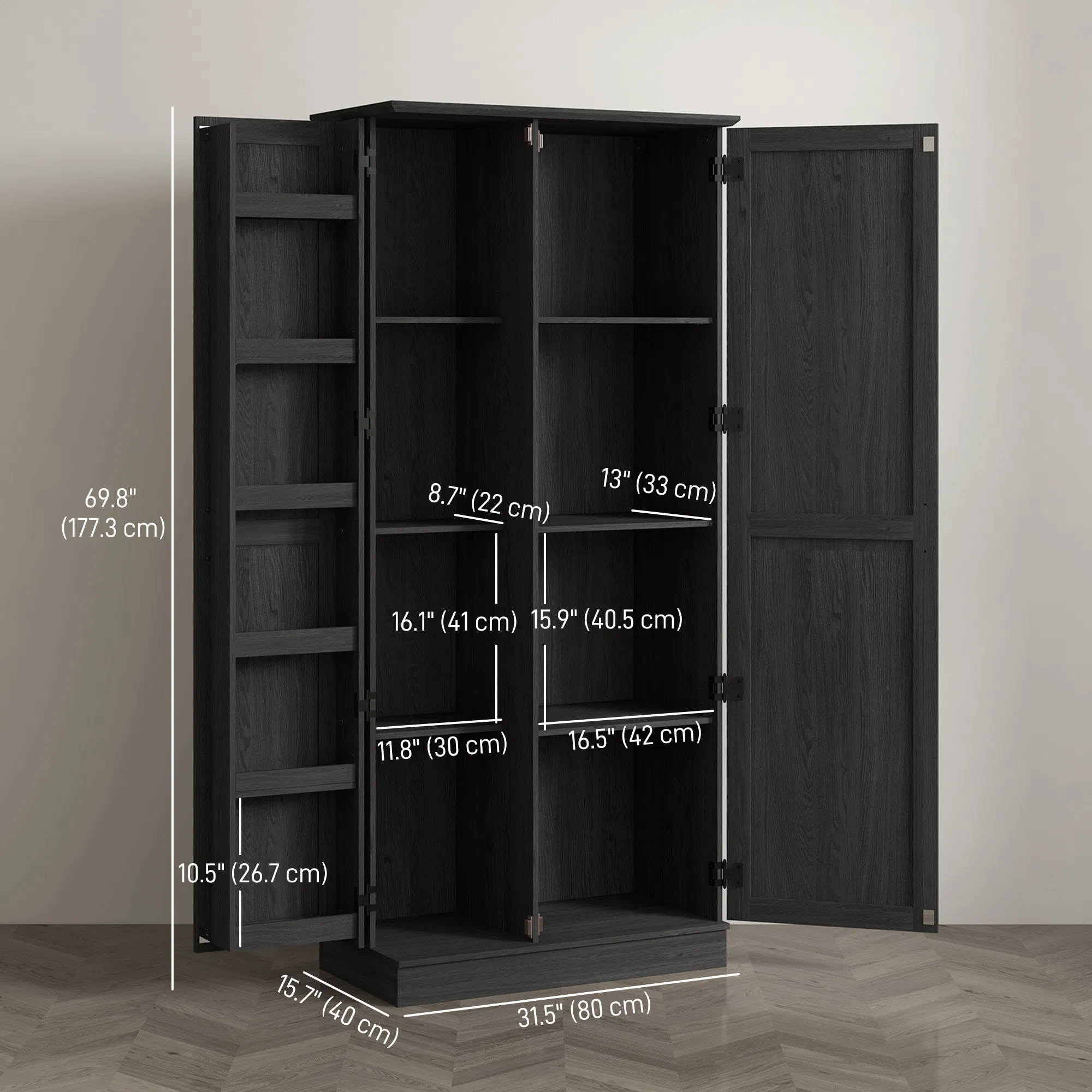 70" Tall Kitchen Pantry Cabinet with Door Shelves and Adjustable Shelves, Black Wood Grain photo 4