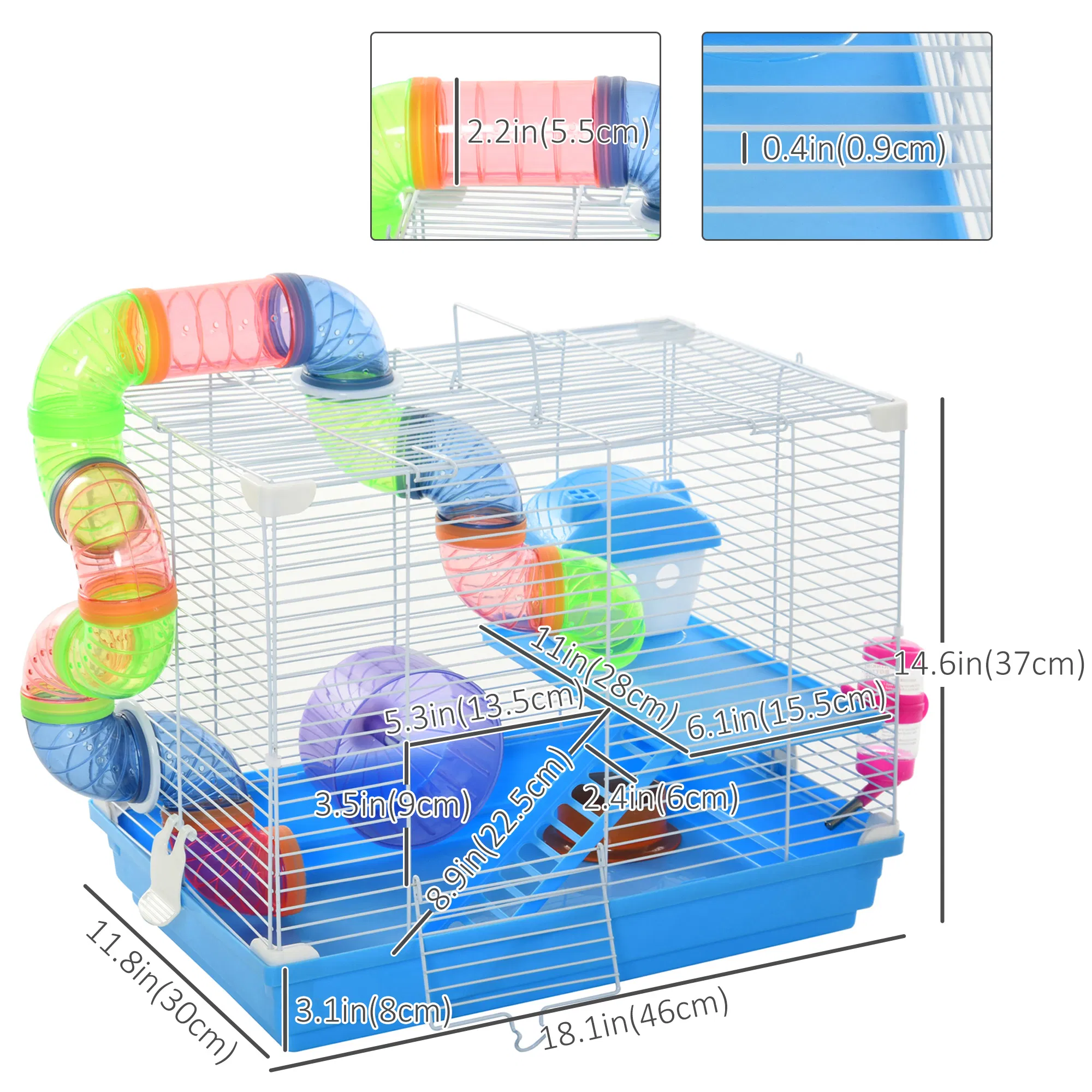 18"L Hamster Cage, Small Animal House, 2-Level Rat Gerbil Haven with Tunnel Tube System, Exercise Wheel, Water Bottle, Food Dish, Ramp, Blue photo 2