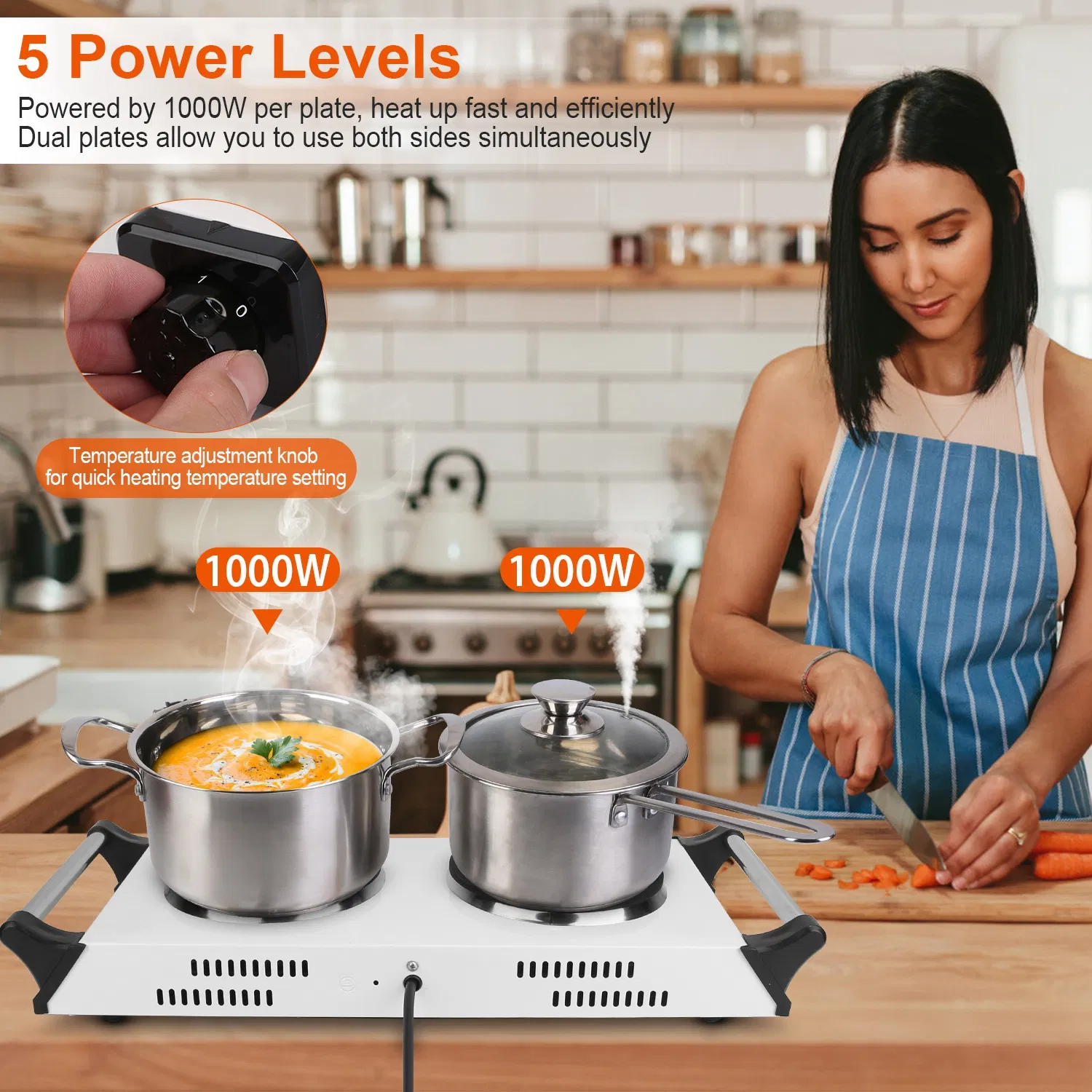 Portable Dual Burner Electric Stove - 2000W Power, 5 Temperature Levels, 5.5in Coils, Fast Even Cooking, Fits Flat Cookware, Ideal for Apartments/RVs, Easy Cleaning Design photo 5