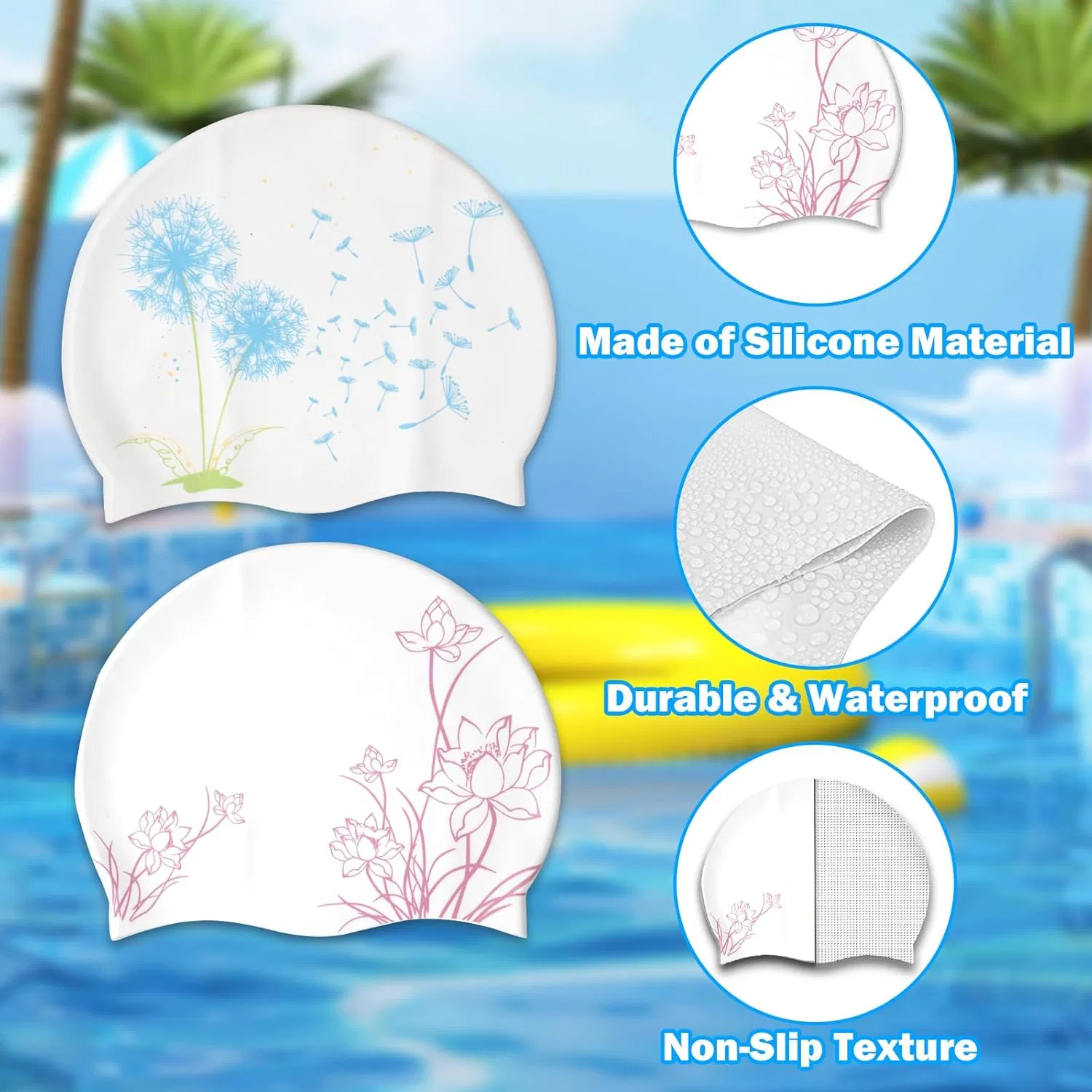 2pcs Adult Swim Caps for Women, Silicone Waterproof Swimming Caps - Fits Long/Short Hair, Anti-Slip Large Swim Cap Men Comfy Bathing Caps for Women Swimming photo 4