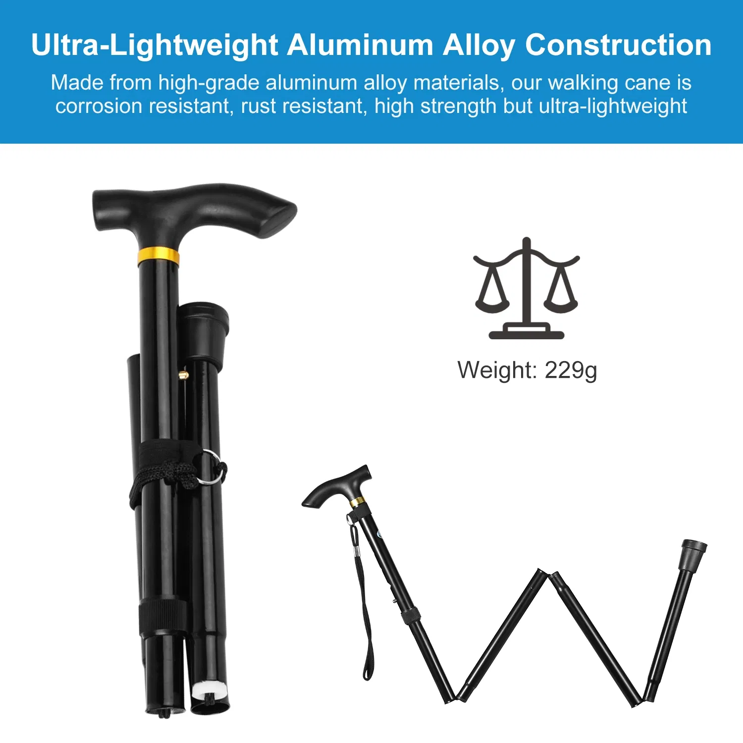 Travel Folding Trekking Hiking Pole,Collapsible Cane Adjustable Walking Stick Portable Mobility Aid for Women Men Hikers Gift,Black photo 7