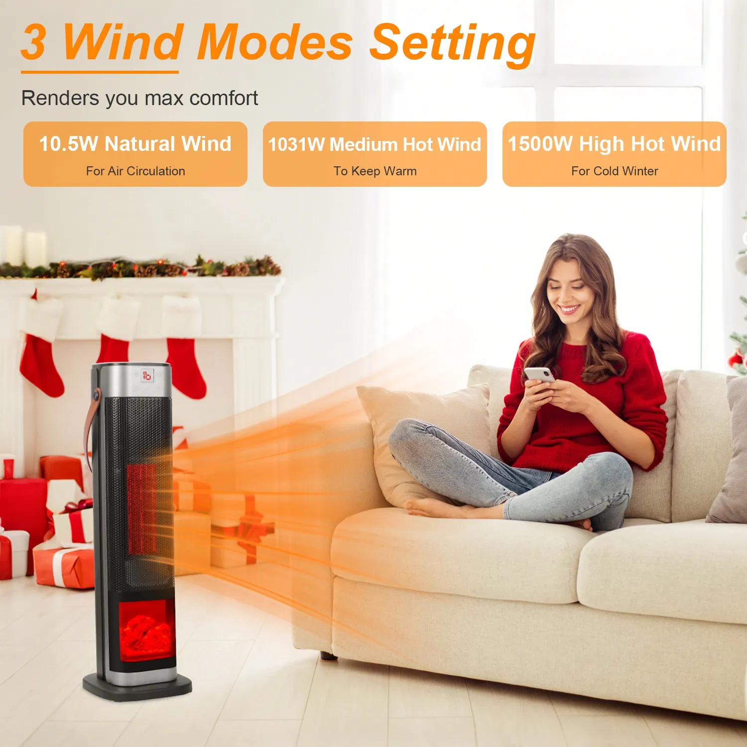 Portable 1500W Space Heater with Fireplace,90° Oscillating PTC Ceramic, Adjustable Thermostat Tower Heater,Overheating and Tip-Over Protection Fast Heating,Remote for Indoor photo 6