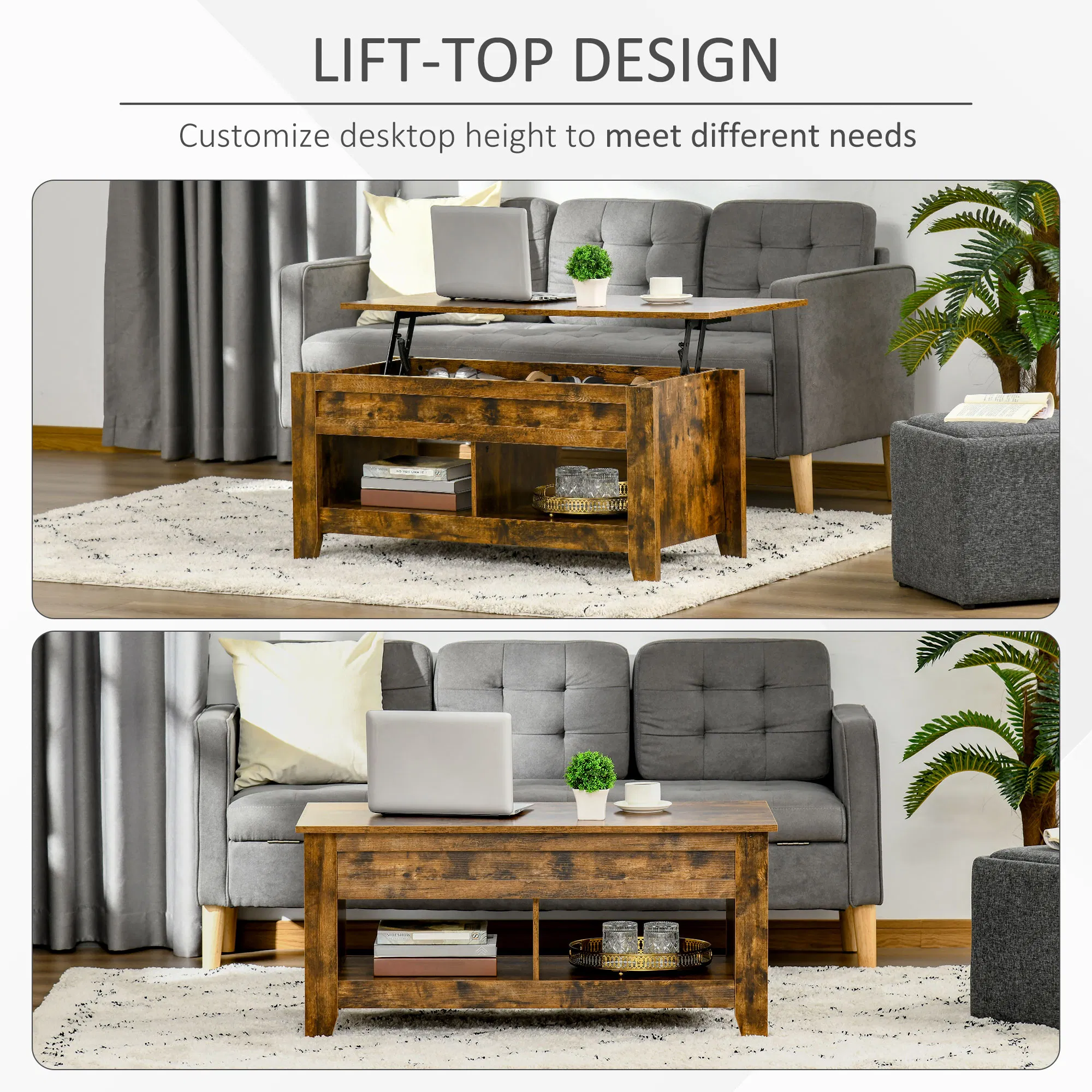 Lift Top Coffee Table with Hidden Storage Compartment and Open Shelves, Lift Tabletop Pop-Up Center Table for Living Room, Brown photo 6