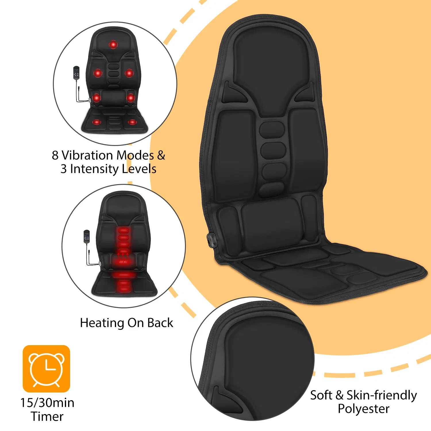Back Massager Cushion Electric Massage Car Seat Cushion Chair Pad w/ Heating Function 8 Vibration Modes 3 Intensity Levels photo 2