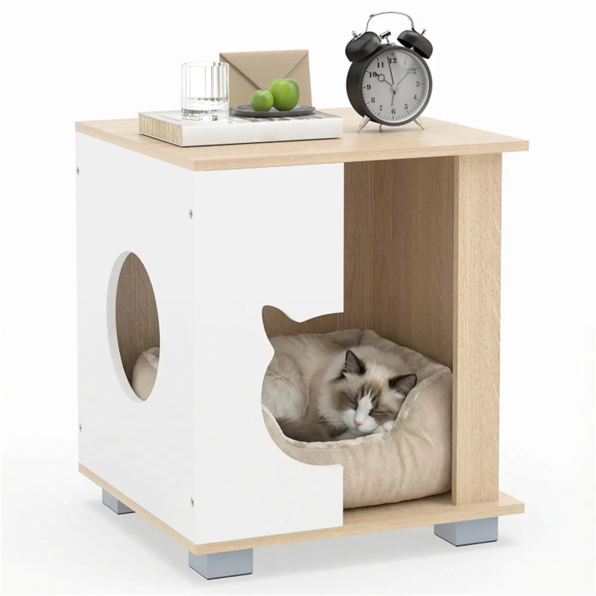 Multipurpose Wooden Cat House Nightstand, Sturdy Metal Base Anti-Slip Pet Furniture photo 1