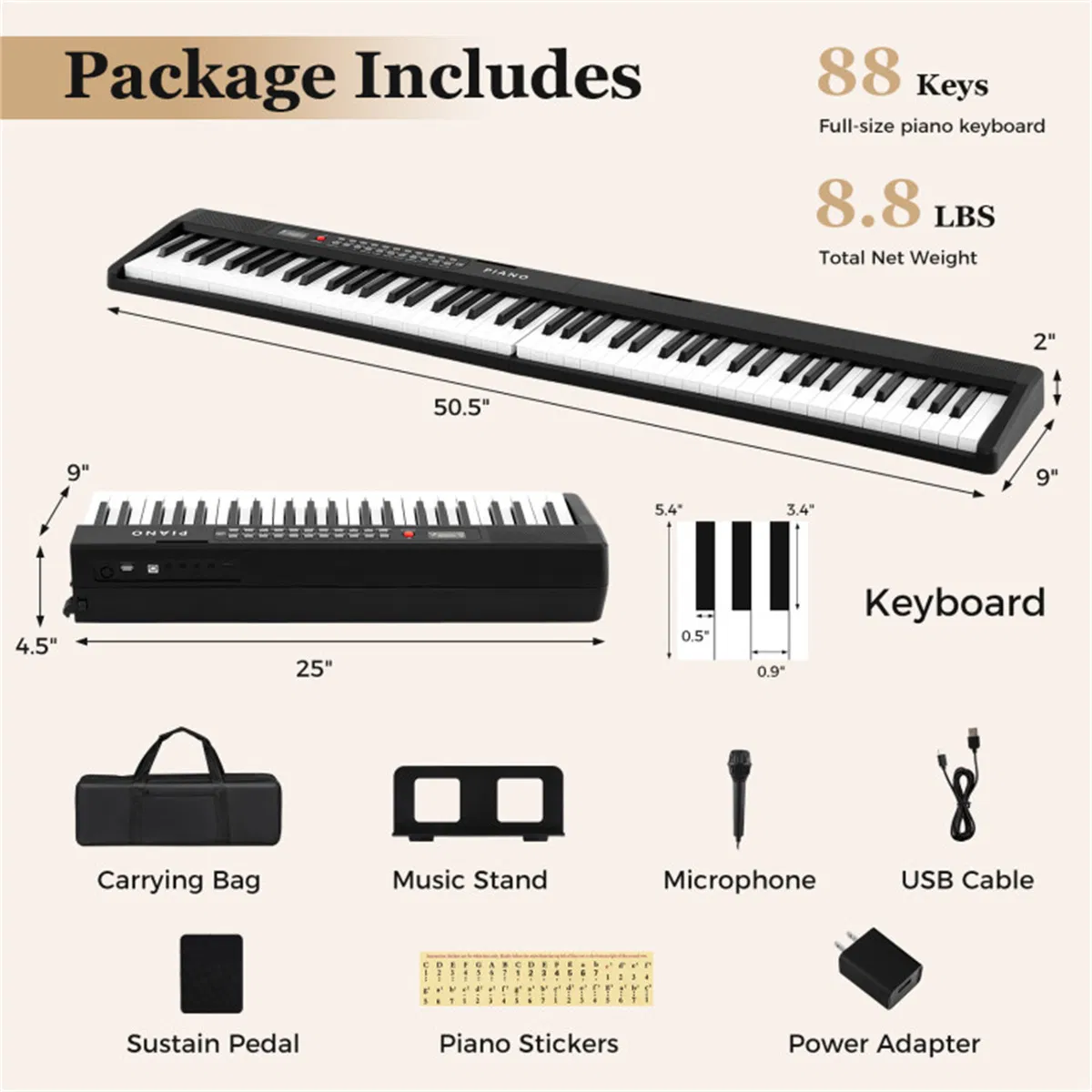88-Key Semi-Weighted Foldable Digital Piano, 128.27×22.86×5.08 cm Light-Up Keys Keyboard with 3 Teaching Modes for Beginners, Black & White photo 8