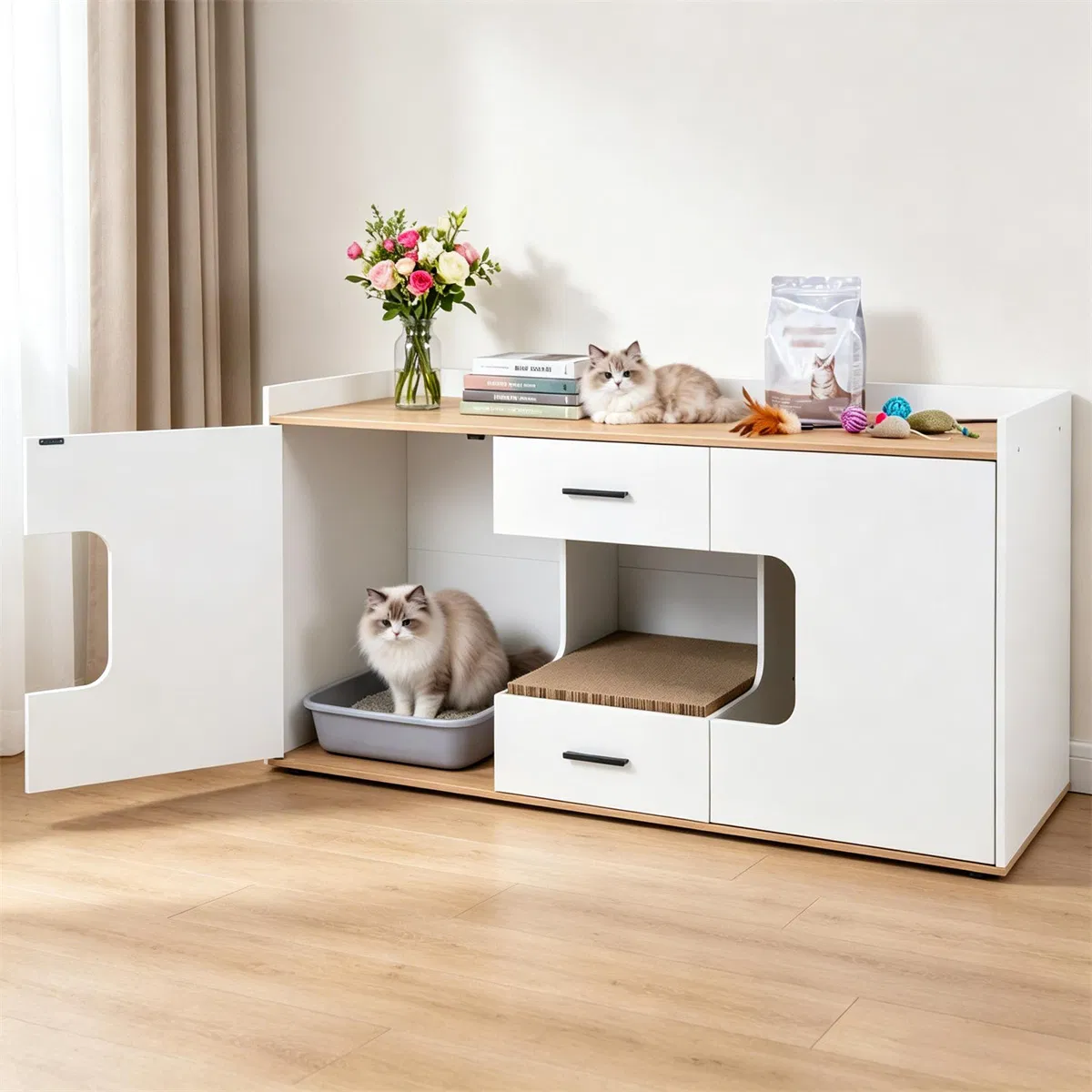 Large Cat Litter Box Enclosure Furniture with Storage Drawers & Built-In Scratching Board, Hidden Cat Washroom Cabinet with Anti-Tipping Kit for Living Room Bedroom photo 1