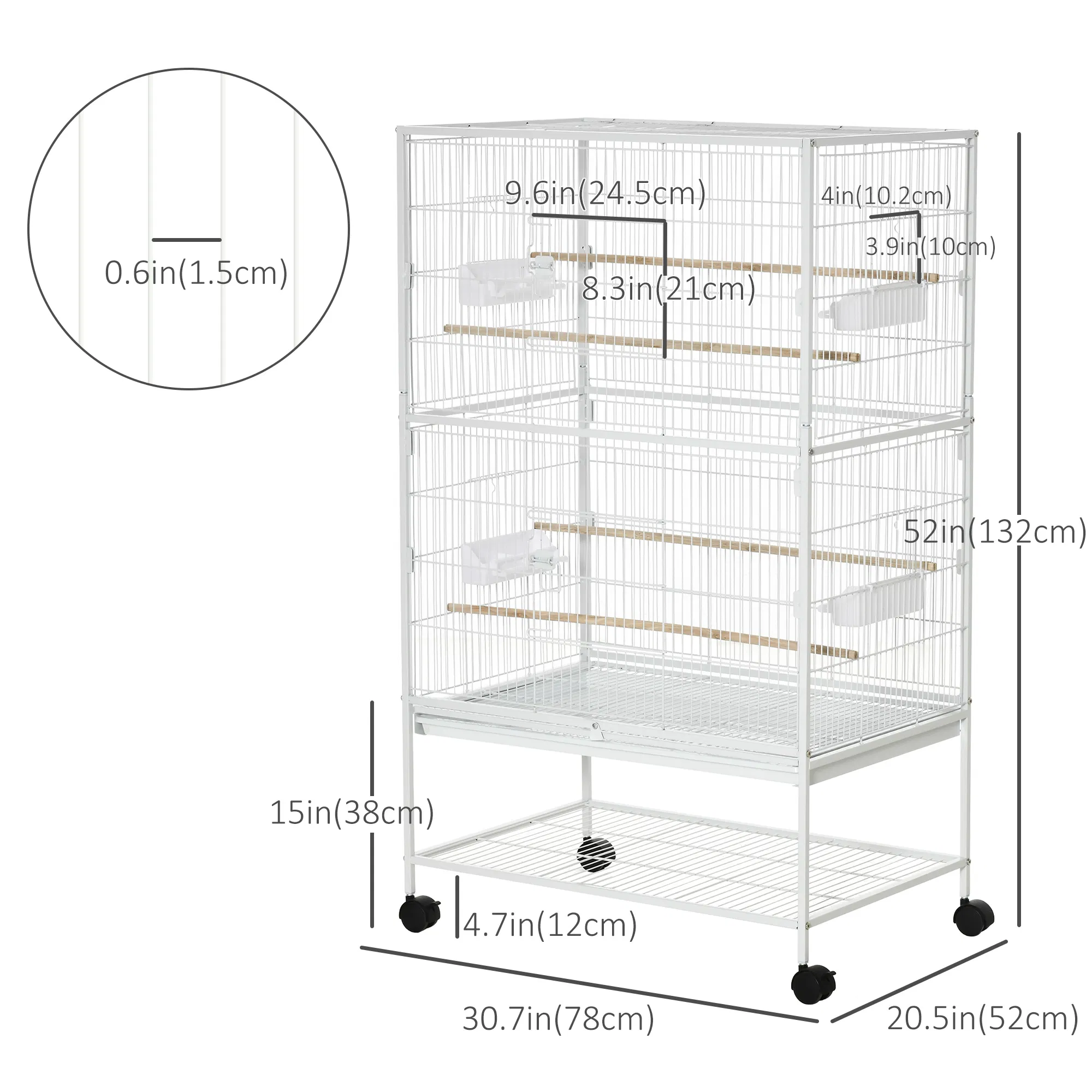 52" Large Rolling Steel Bird Cage Bird House with Rolling Stand, Storage Shelf, Wood Perch, Food Container, White photo 6