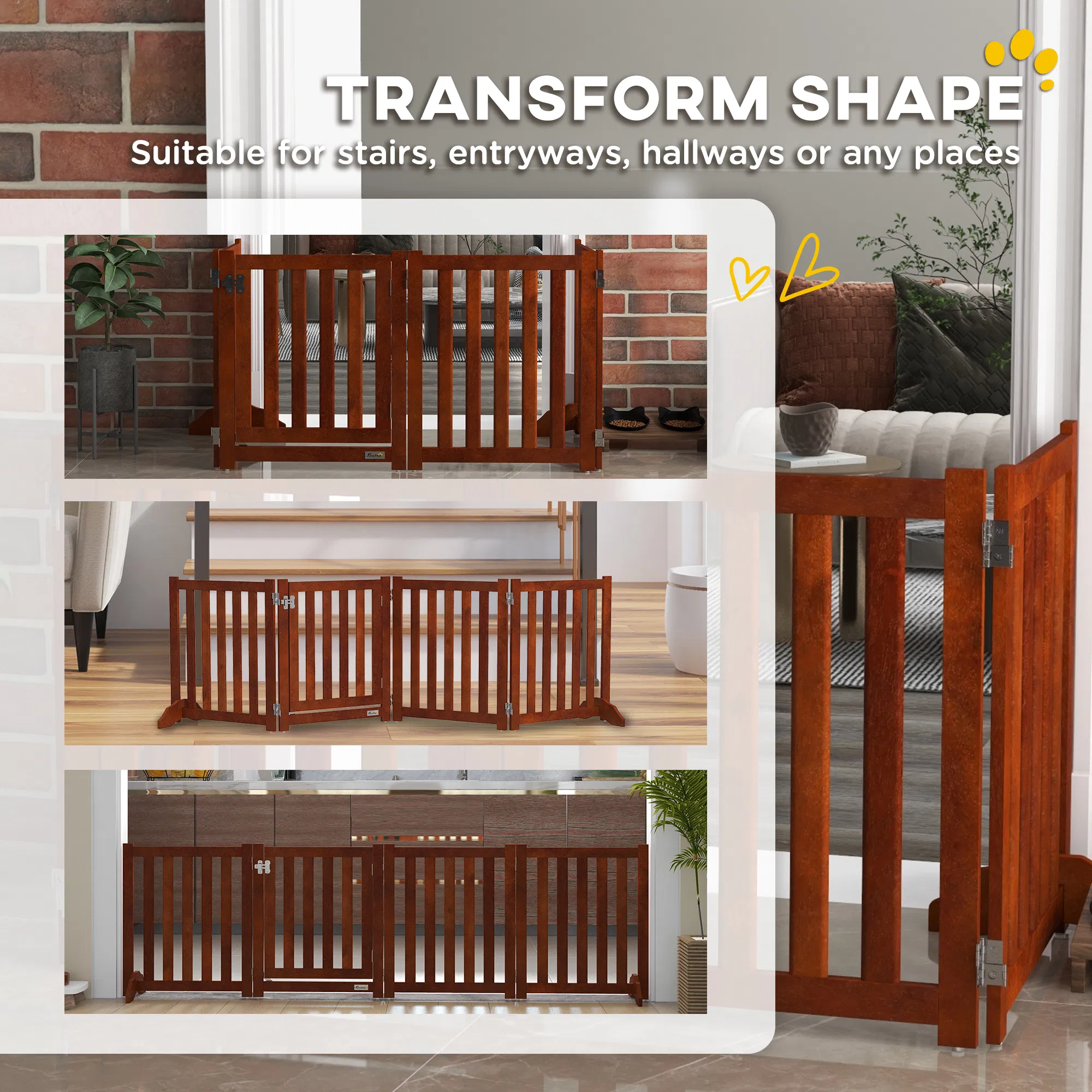 Foldable Dog Gate with Door, 4 Panels Fressstanding Pet Gate, Brown photo 5