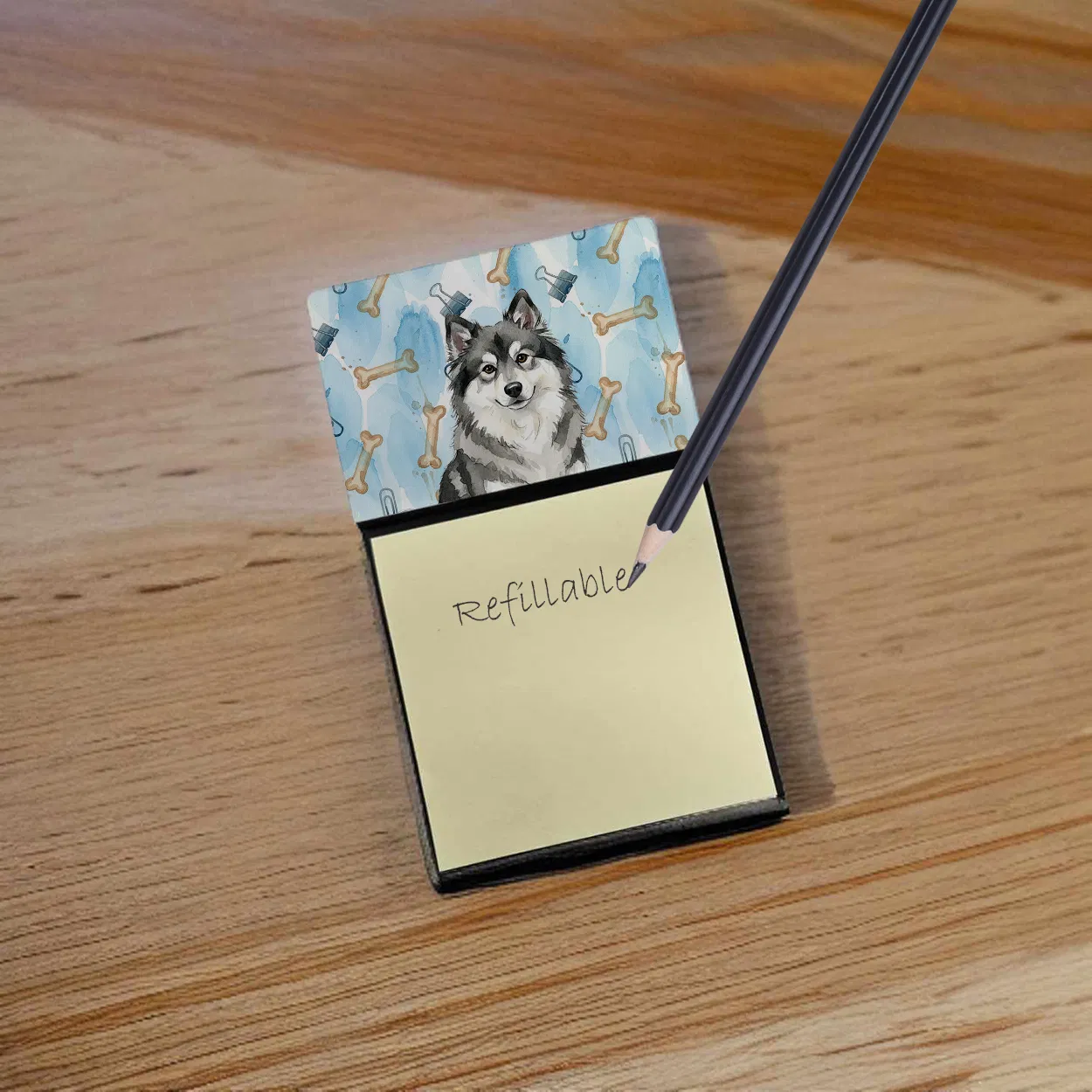Keeshond Coworker Watercolor Sticky Note Holder Refillable Dispenser Desk Accessory 3x3 Pad Gift photo 2