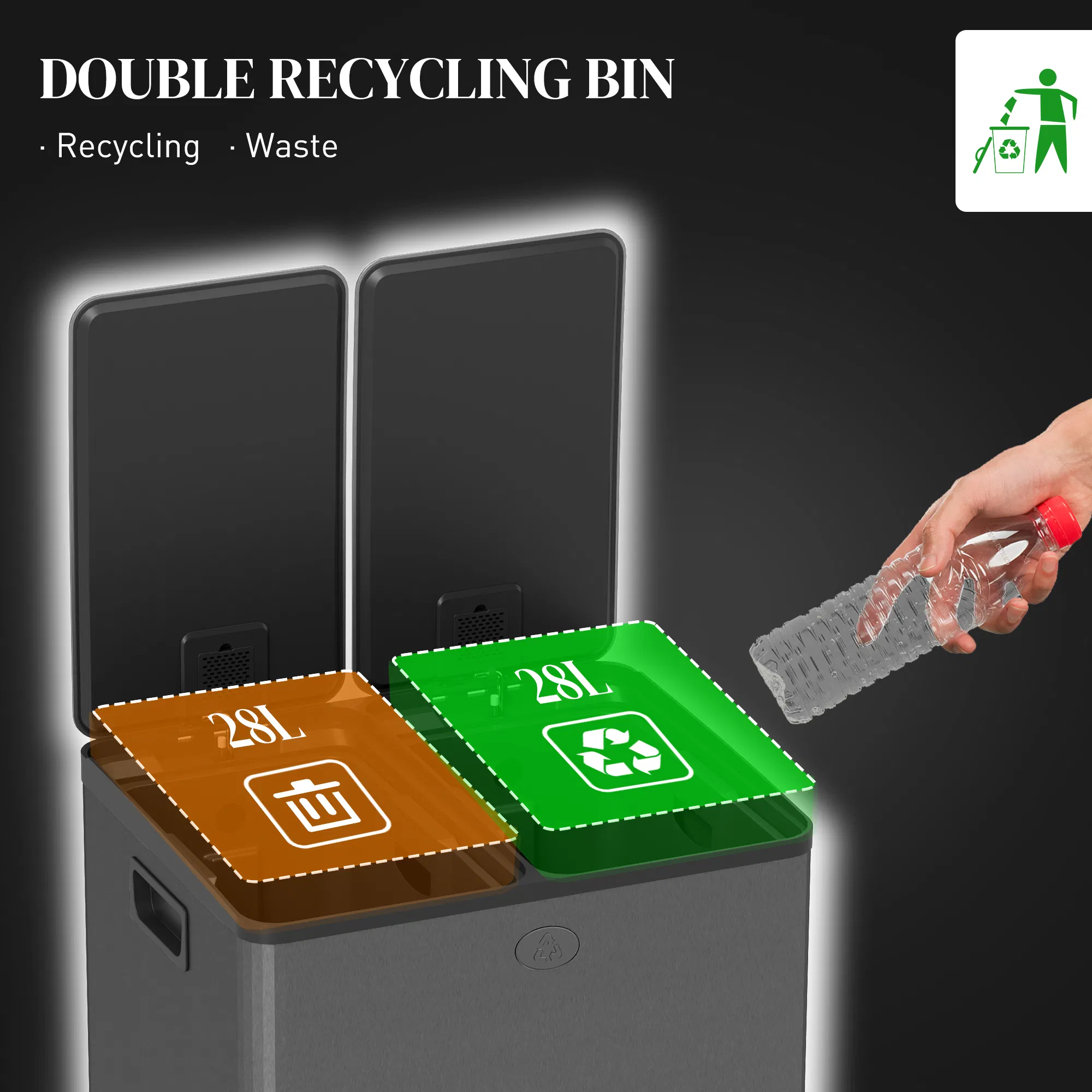 Dual Garbage Bin, Soft-Close Trash Can with Foot Pedal, 2 x 28 Liter Garbage Can with Removable Inner Buckets, Black photo 4