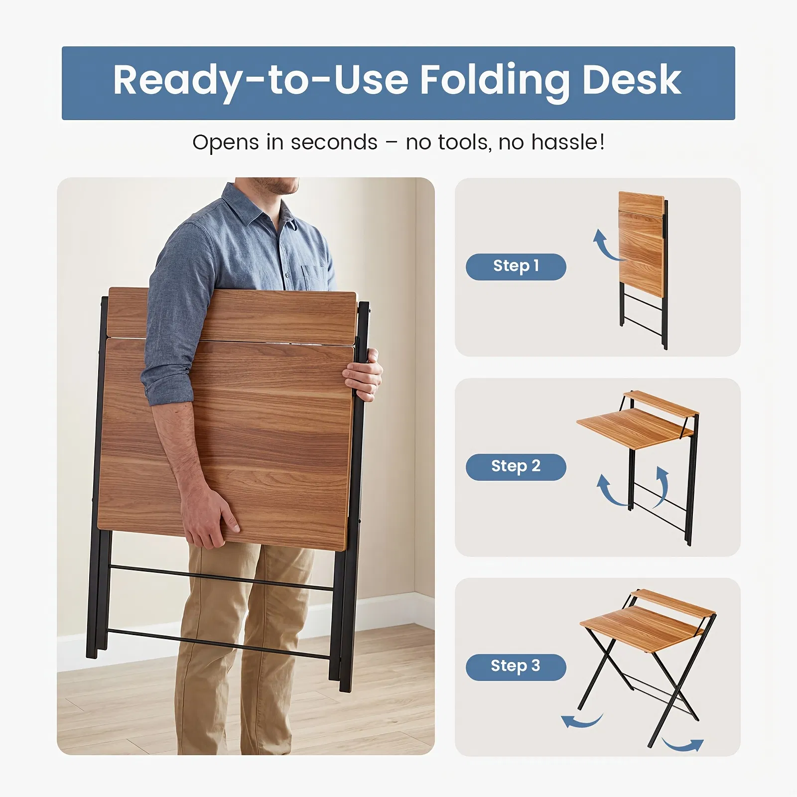 Small Folding Desk with Shelf, No-Assembly Foldable Computer Table for Tight Spaces, Portable Writing Desk for Office Dorm Apartment, Space Saving And Sturdy Metal Frame photo 4