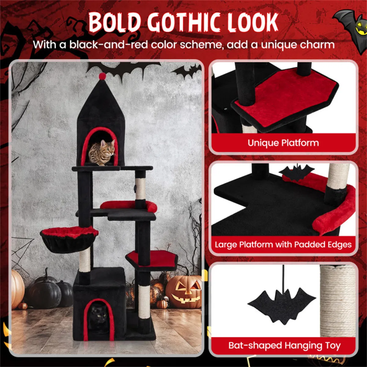 Gothic 5-Level Cat Tree 63" Tall with Sisal Scratching Posts Black Red Cat Tower photo 4